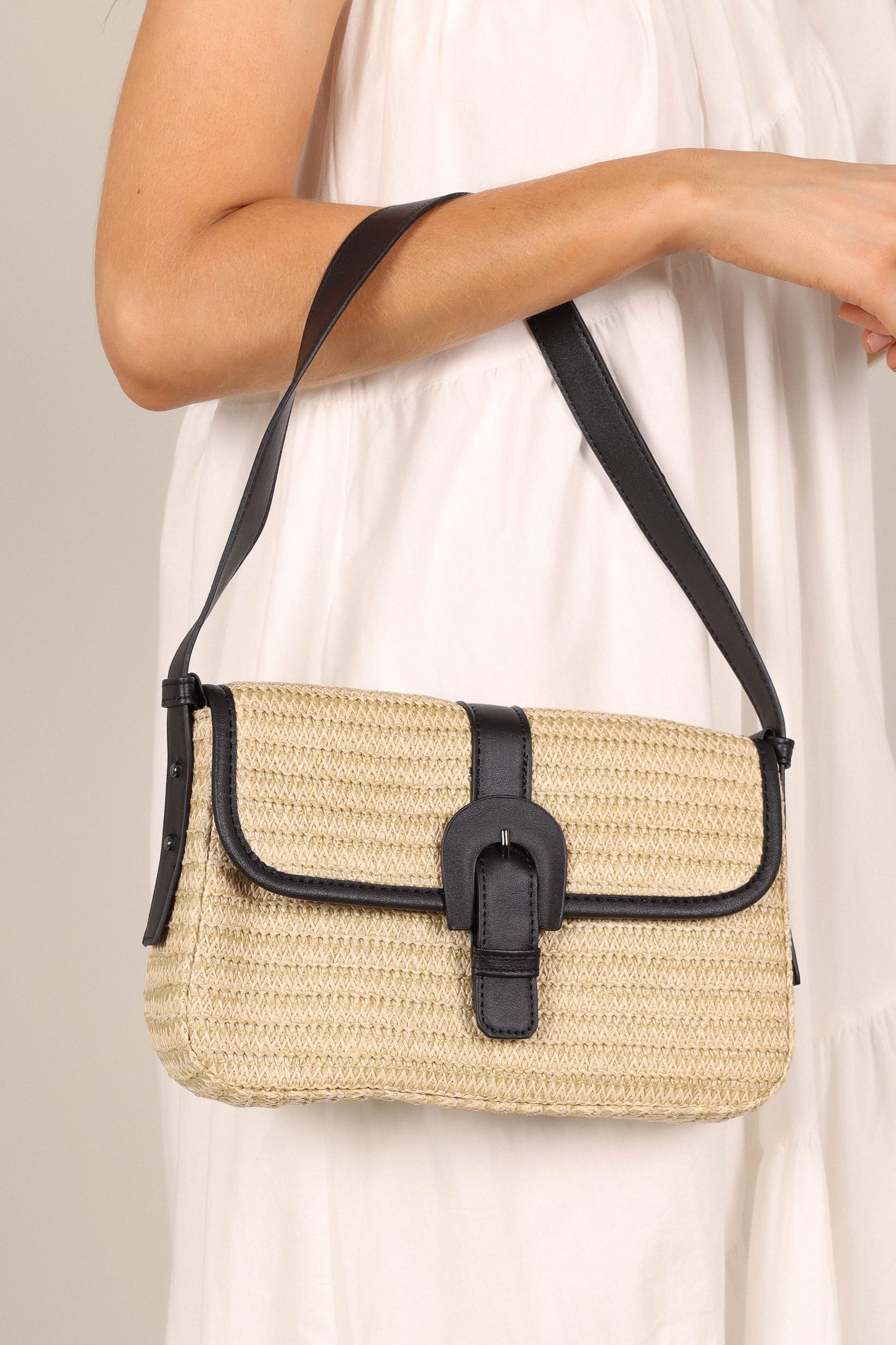 Dovie Straw Shoulder Bag - Natural/Black - Image 2