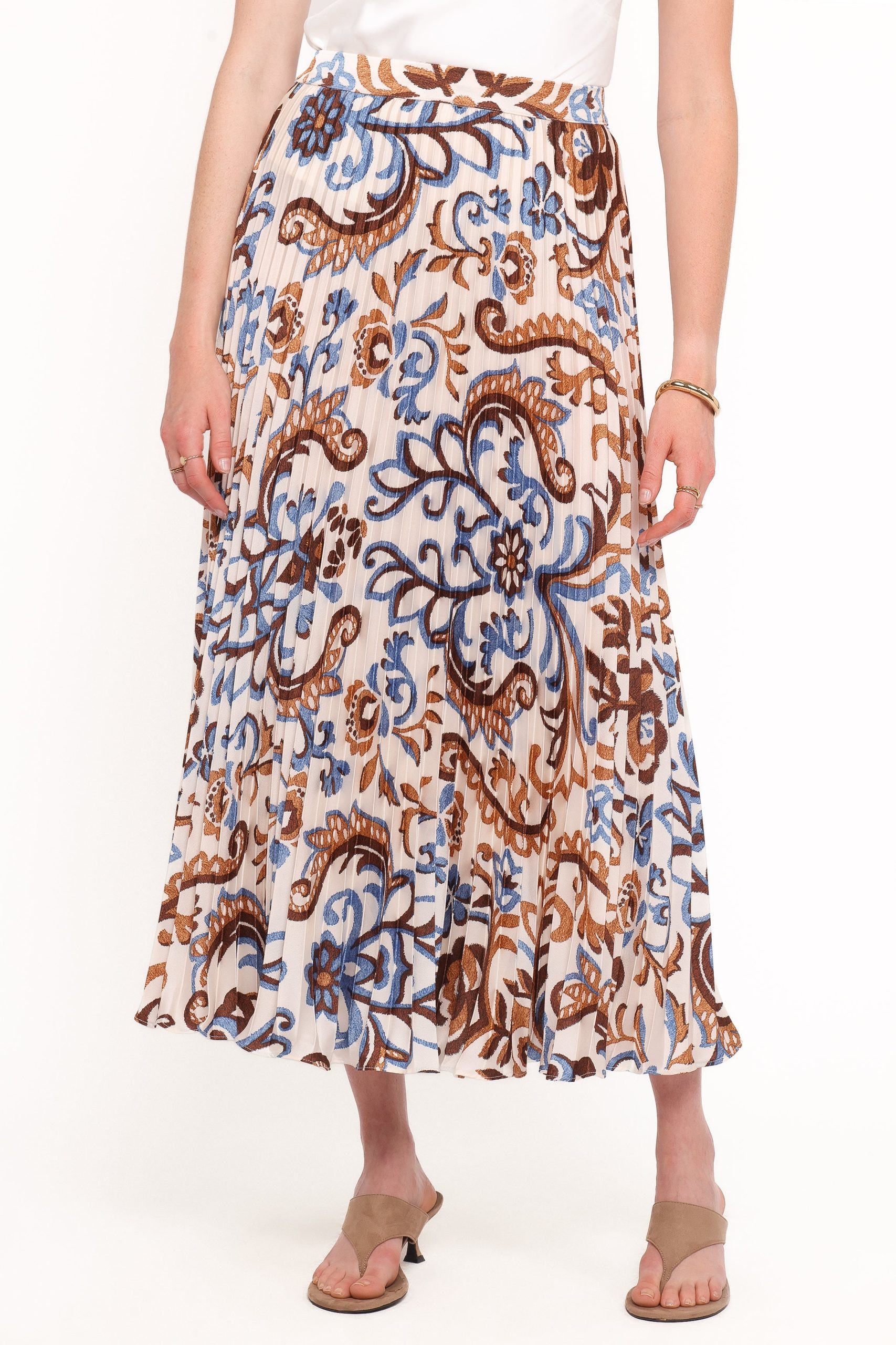 Aoife Pleated Midi Skirt - Ivory Brown Blue - Image 2