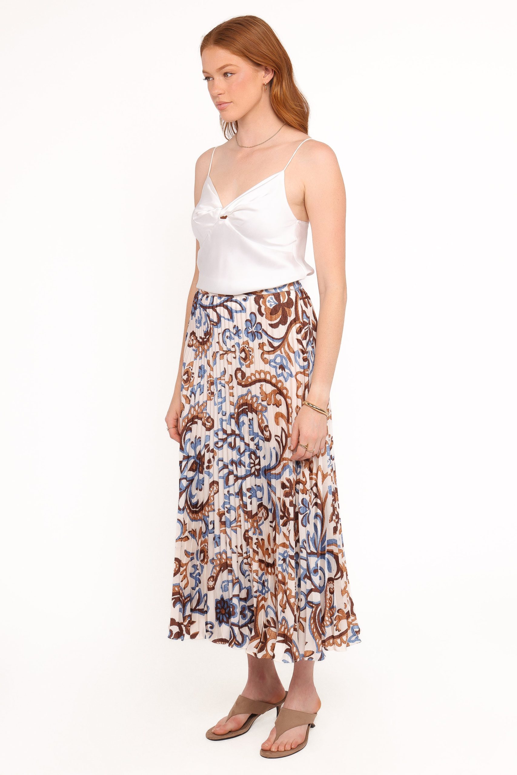 Aoife Pleated Midi Skirt - Ivory Brown Blue - Image 3