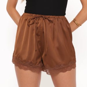 Arlet Lace Trim Satin Shorts - Chocolate Brown