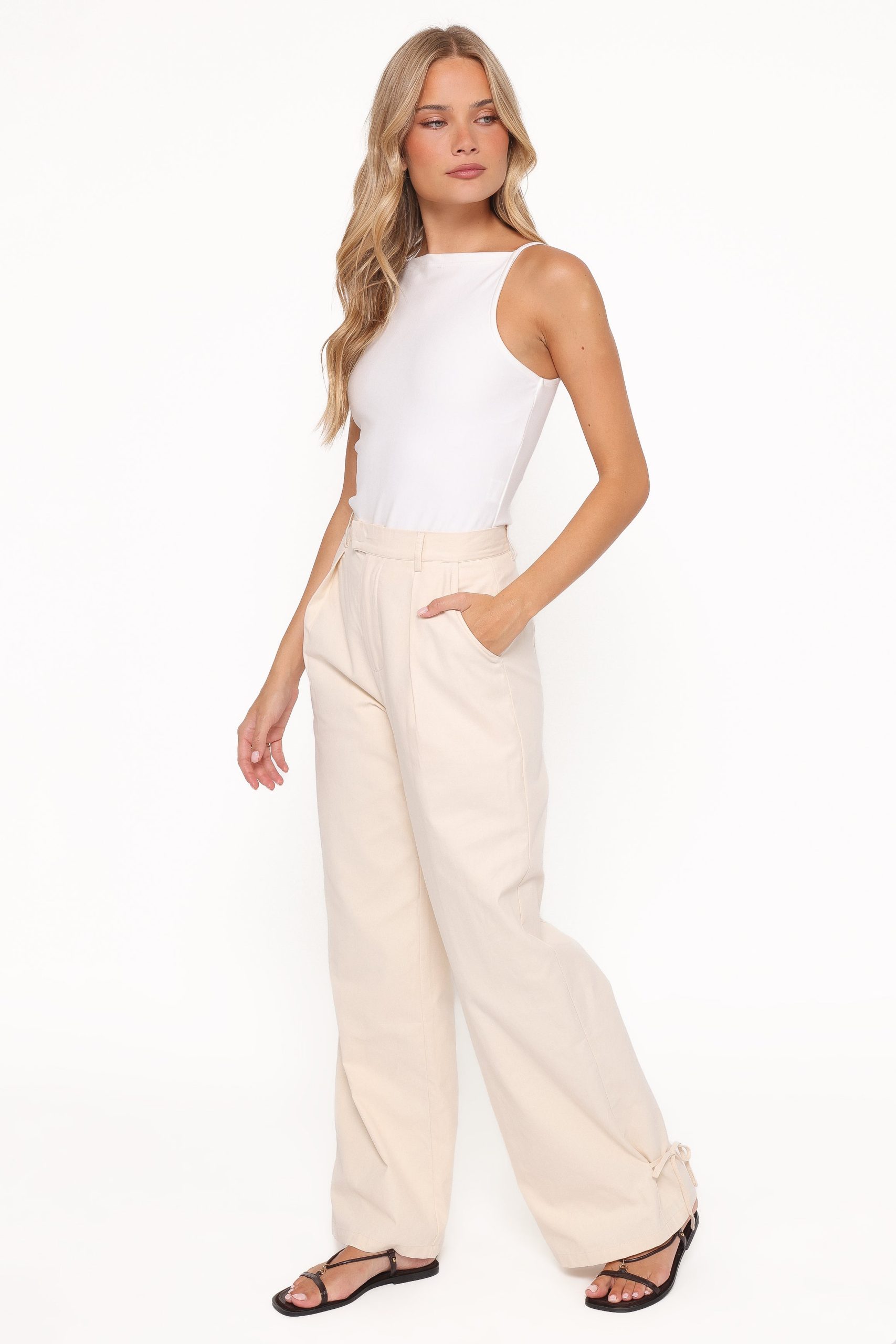 Asher Tie Detail Tapered Leg Pants - Cream - Image 4