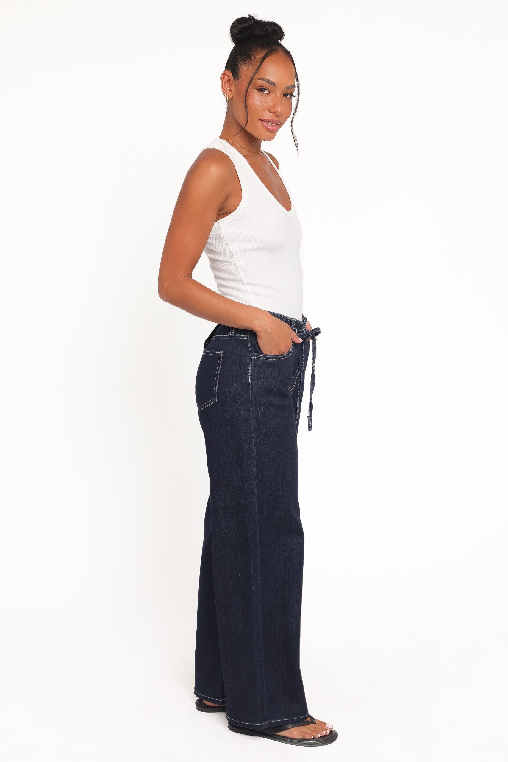 Clover Drawstring Wide Leg Jeans - Dark Wash - Image 3