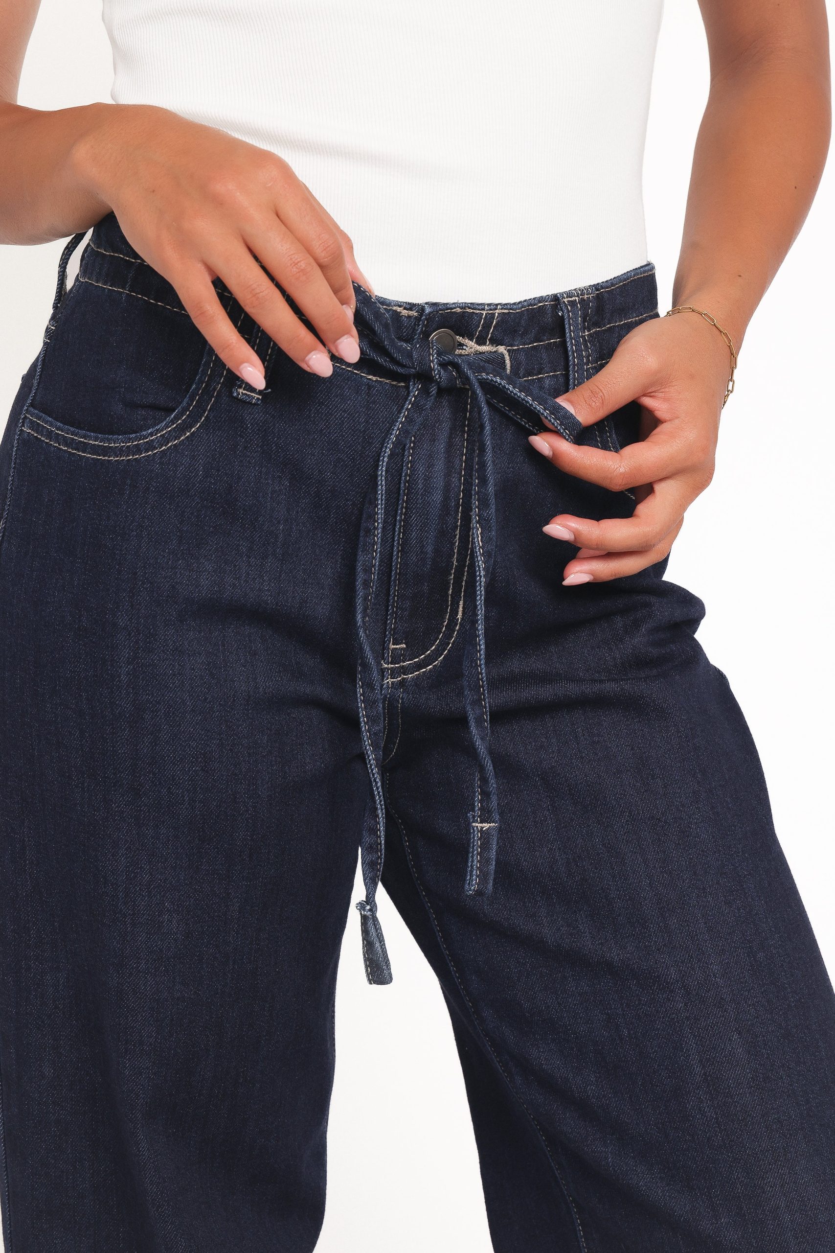 Clover Drawstring Wide Leg Jeans - Dark Wash - Image 5