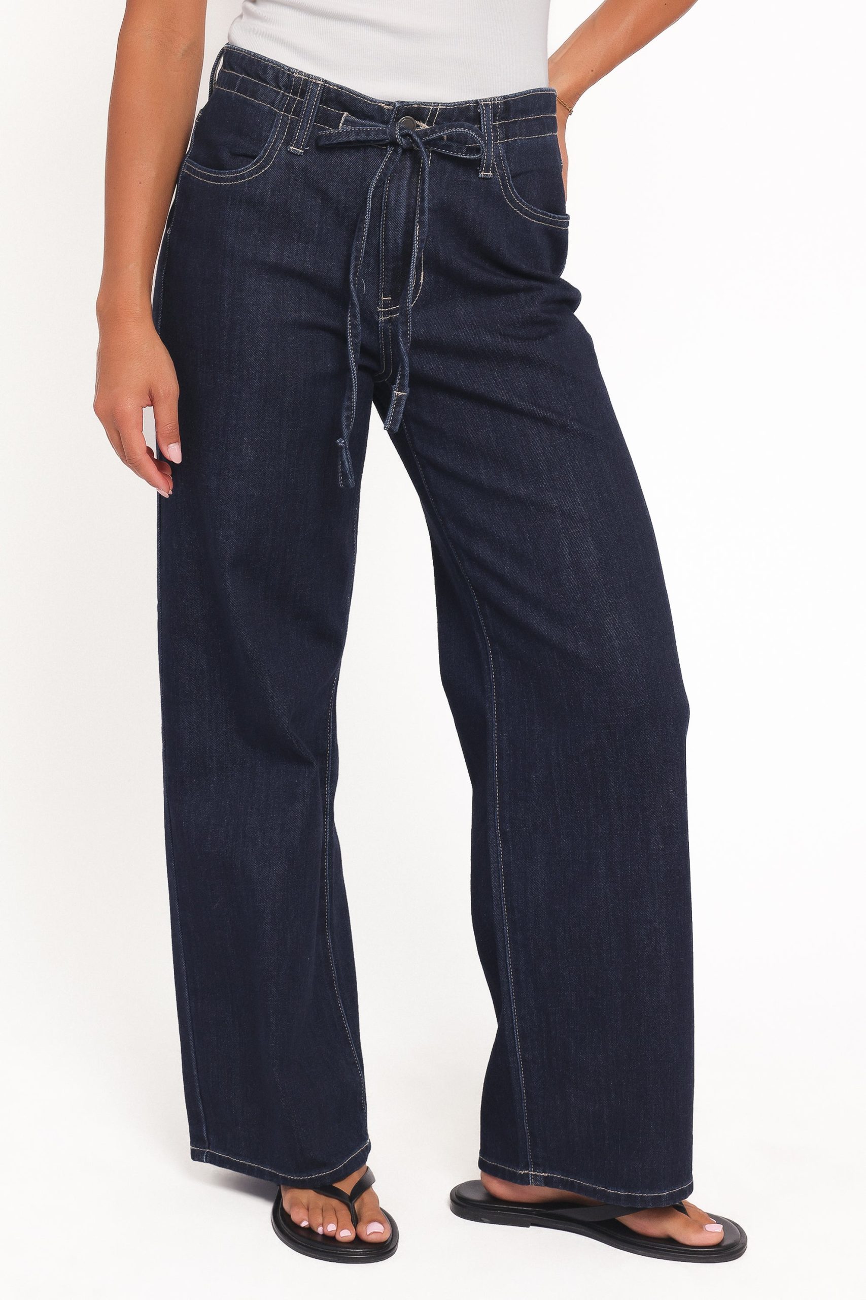Clover Drawstring Wide Leg Jeans - Dark Wash - Image 2