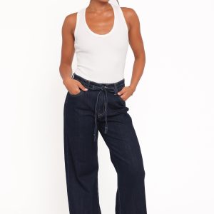 Clover Drawstring Wide Leg Jeans - Dark Wash