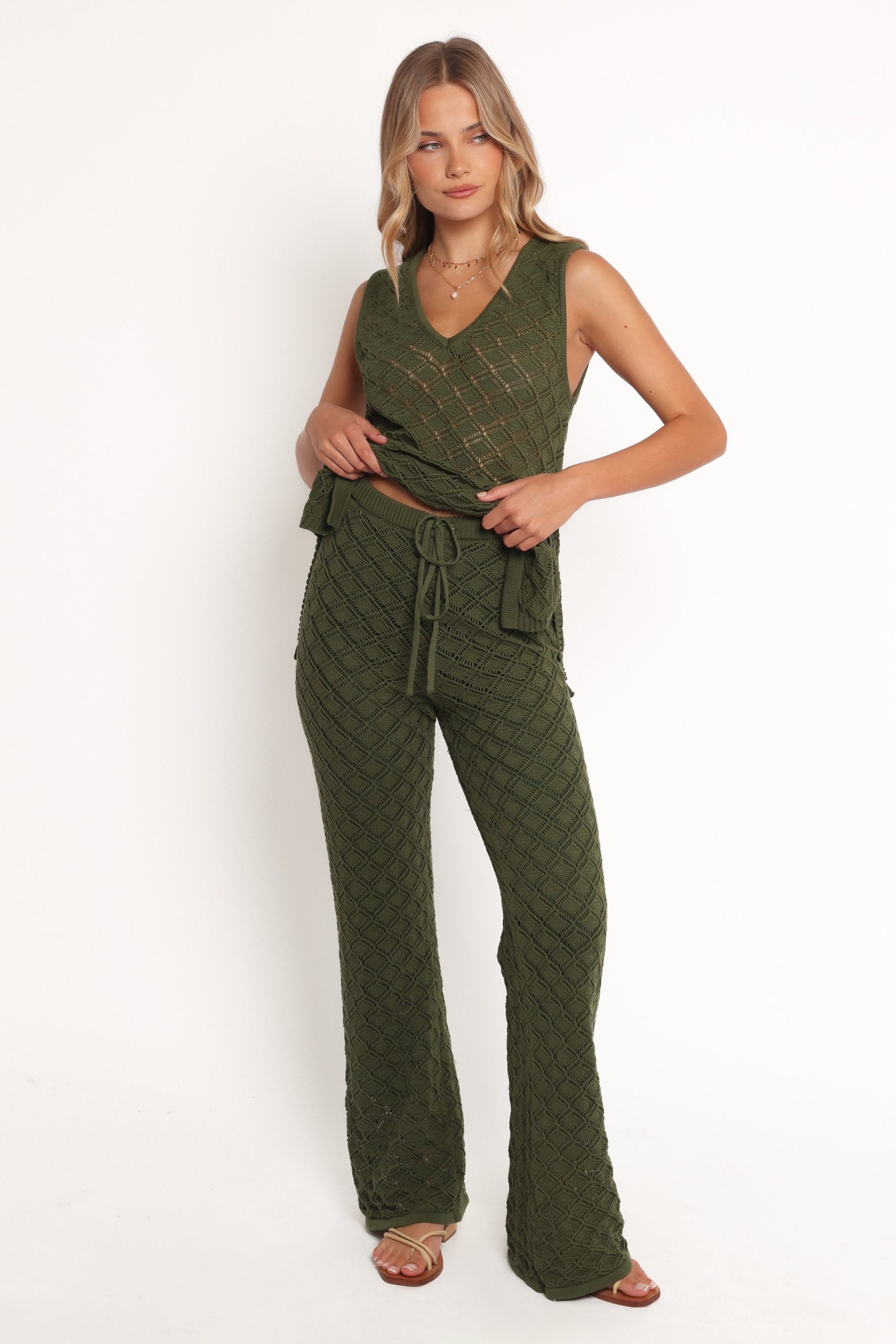 Fefe Textured Knit Pants - Olive - Image 2