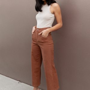 Georgette High Waisted Straight Leg Pants - Brown