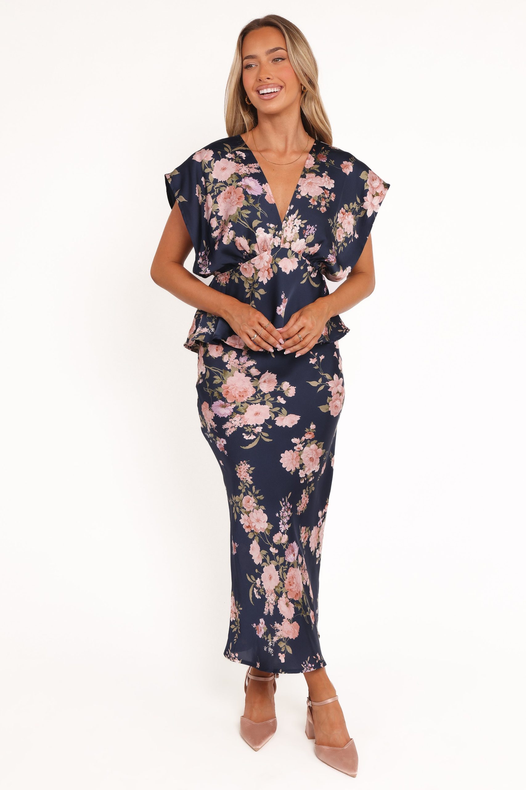 Kenna Satin Midi Skirt - Navy Floral - Image 2