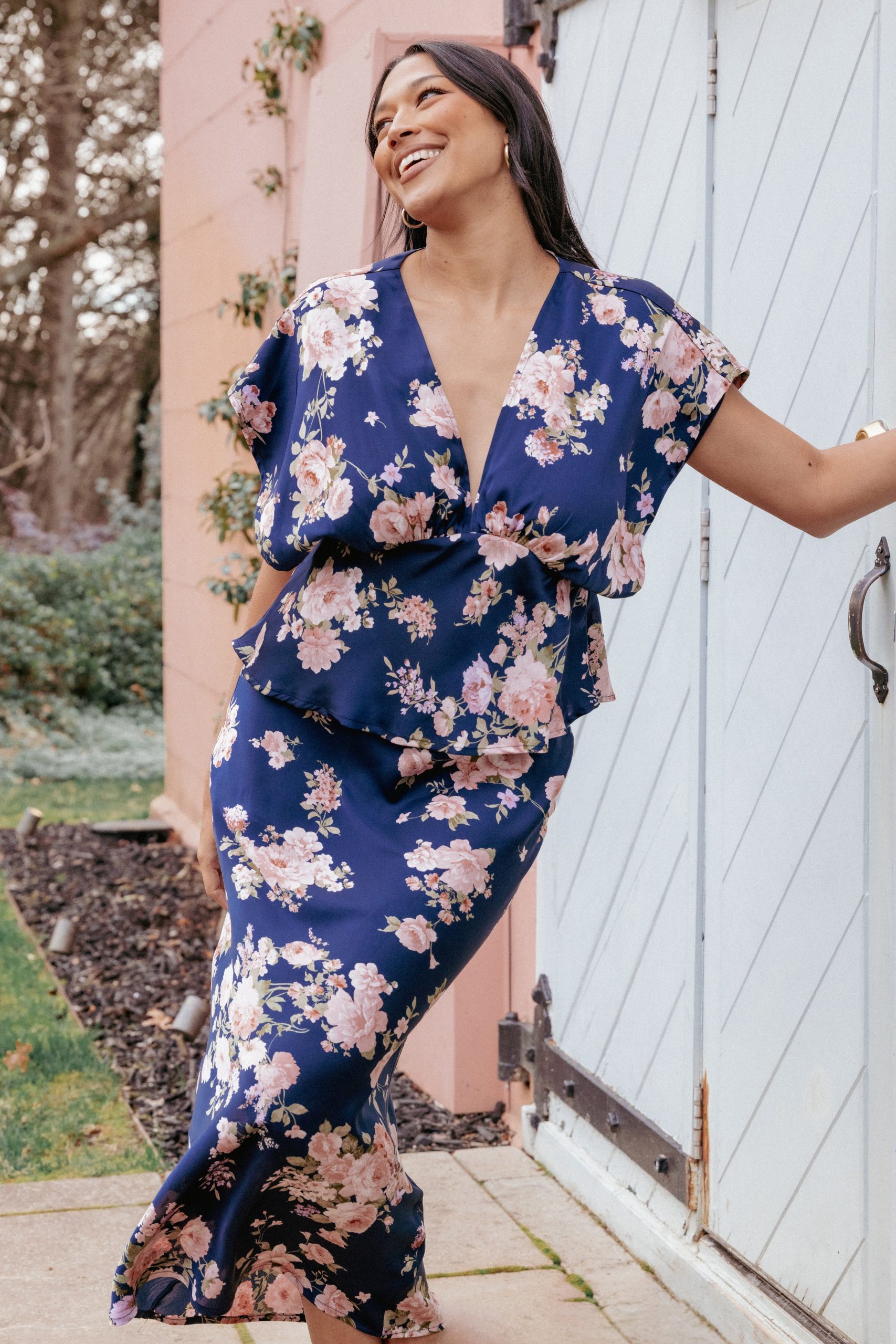 Kenna Satin Midi Skirt - Navy Floral - Image 7