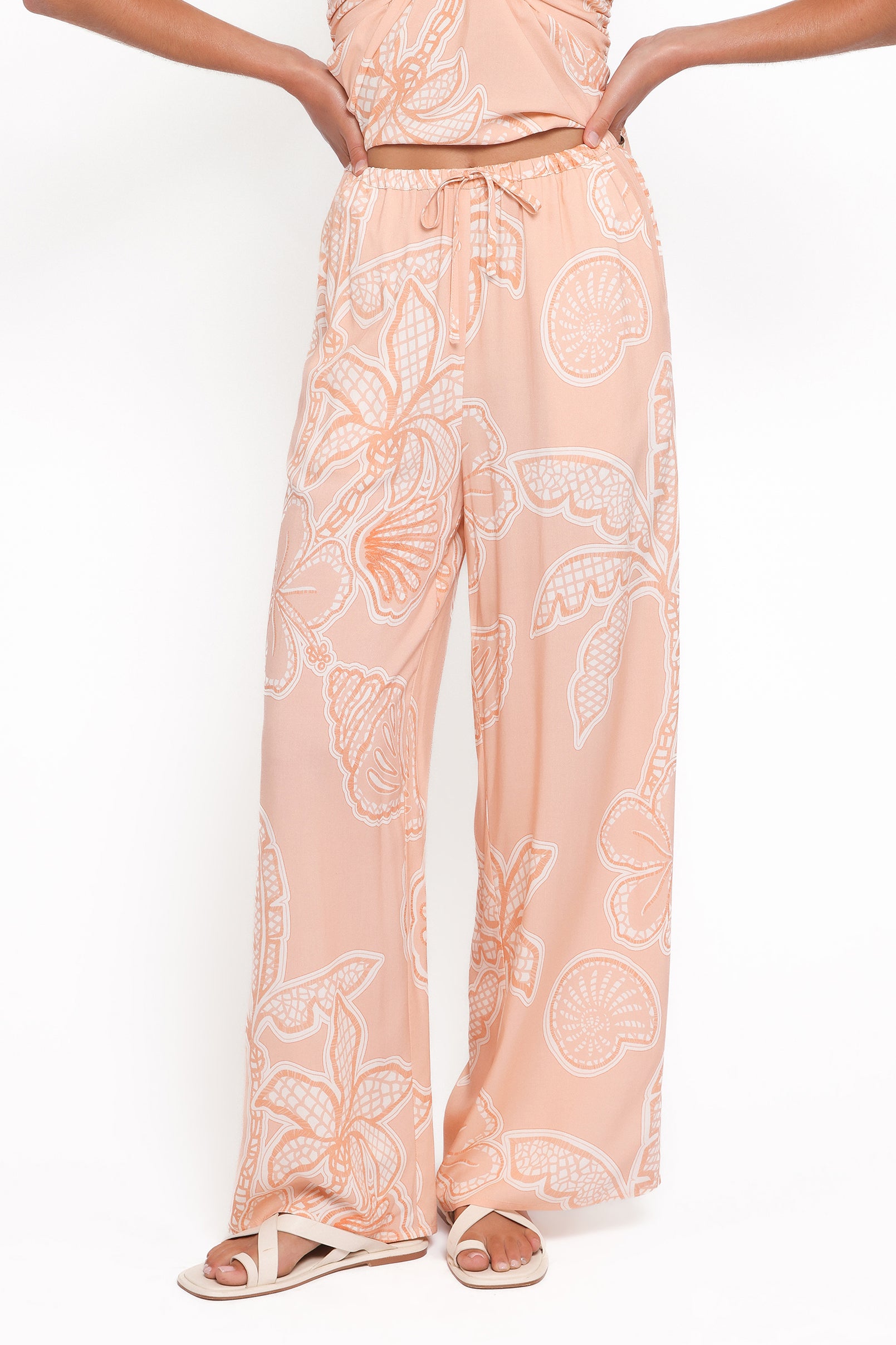 Lira Tie Waist Pant - Peach Floral - Image 2