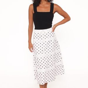 Lucia Tiered Midi Skirt - White Polka Dot