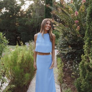 Madison Linen Column Skirt - Blue