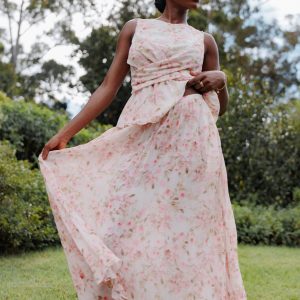 Mena Pleated Maxi Skirt - Blurred Pink Floral
