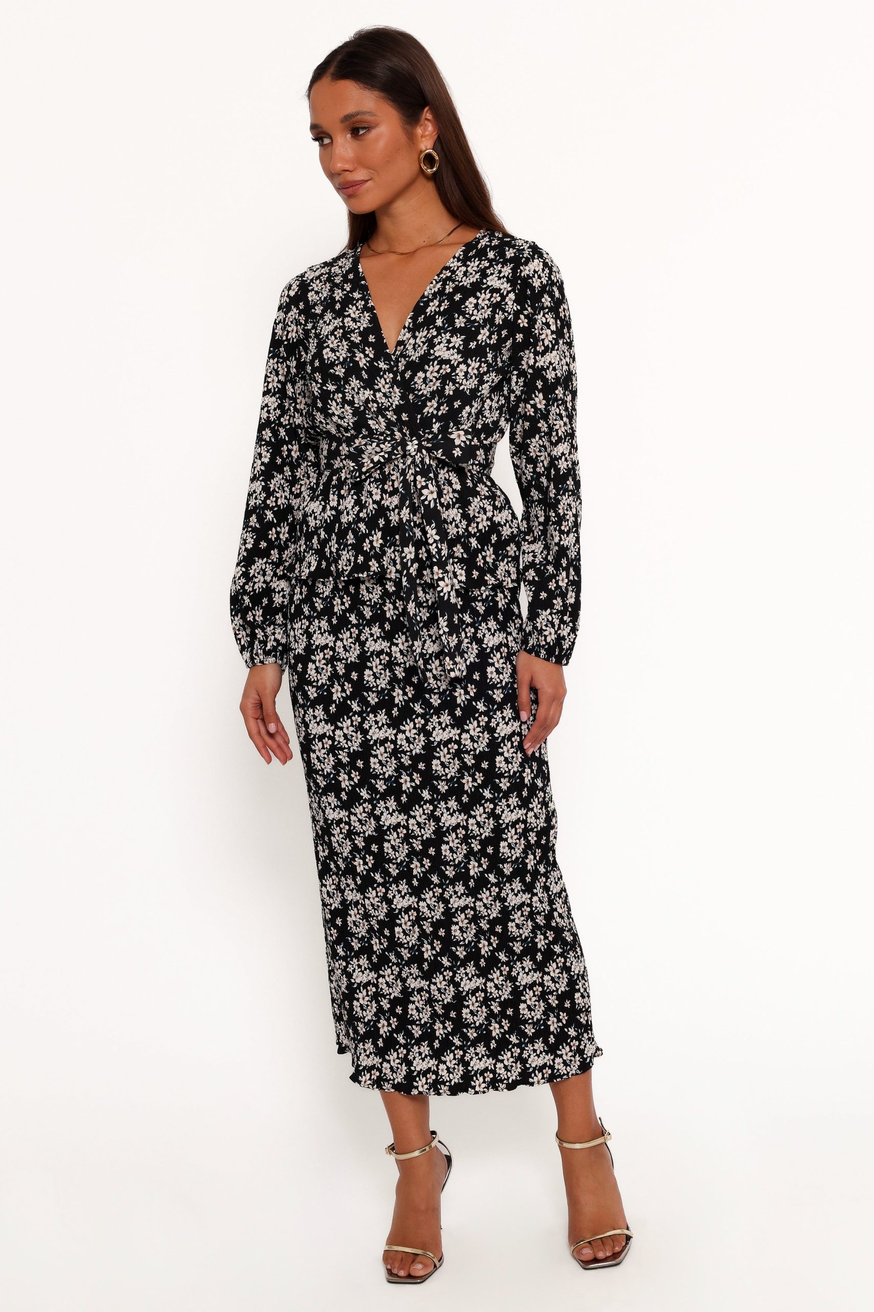 Minelli Pleat Midi Skirt - Black/White Floral - Image 3