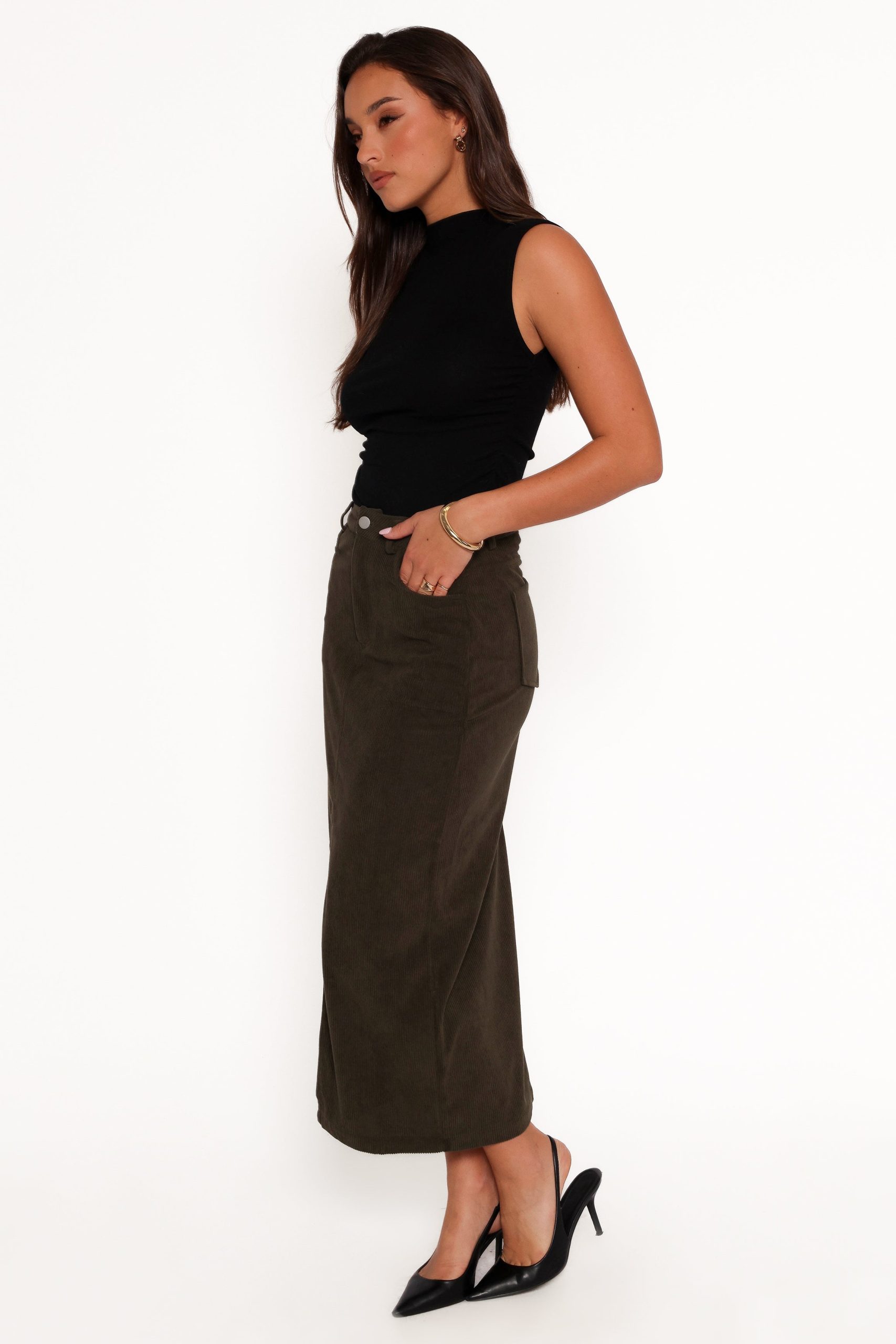 Myra Corduroy Midi Skirt - Olive - Image 5
