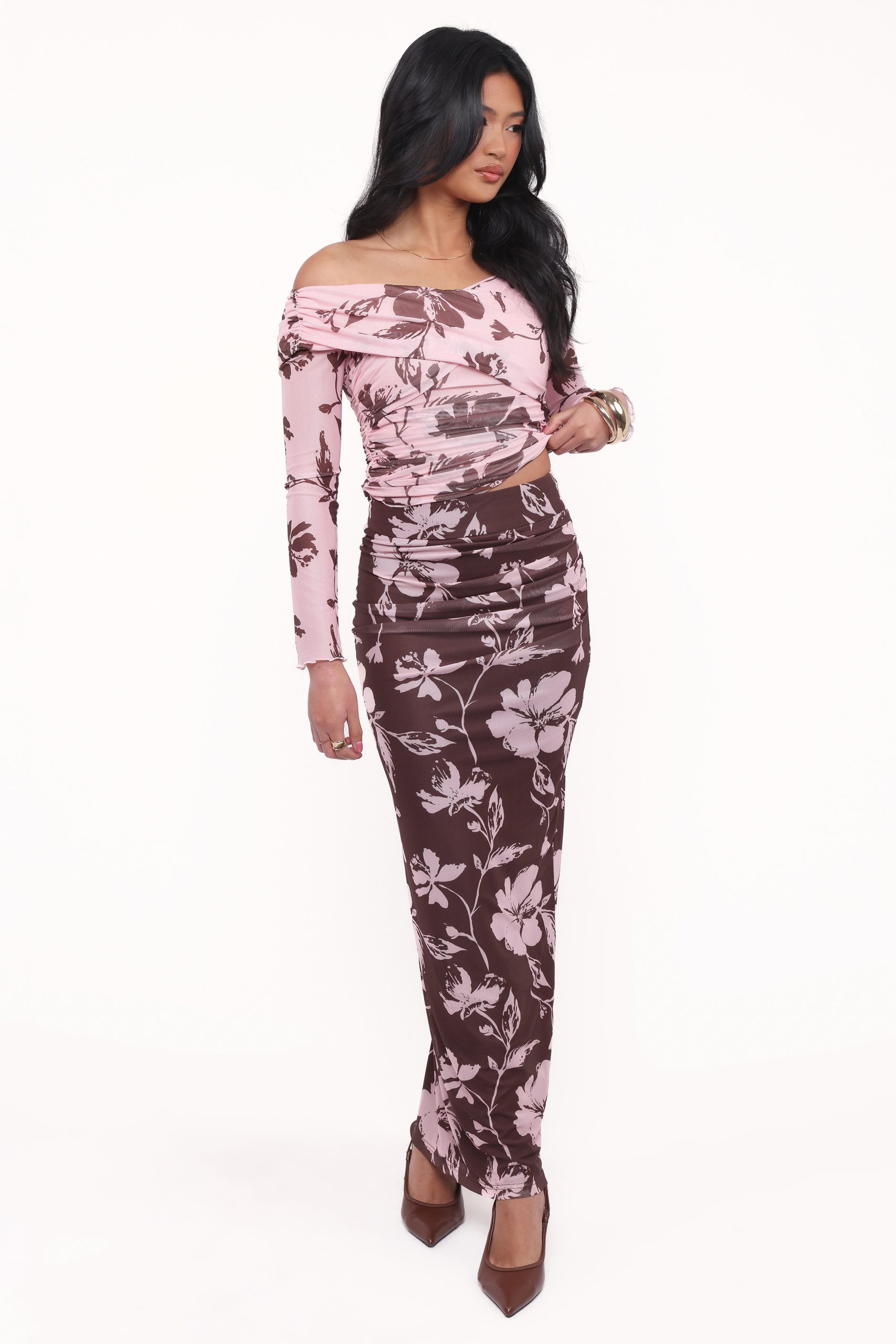 Navida Mesh Midi Skirt - Pink Brown Floral - Image 5