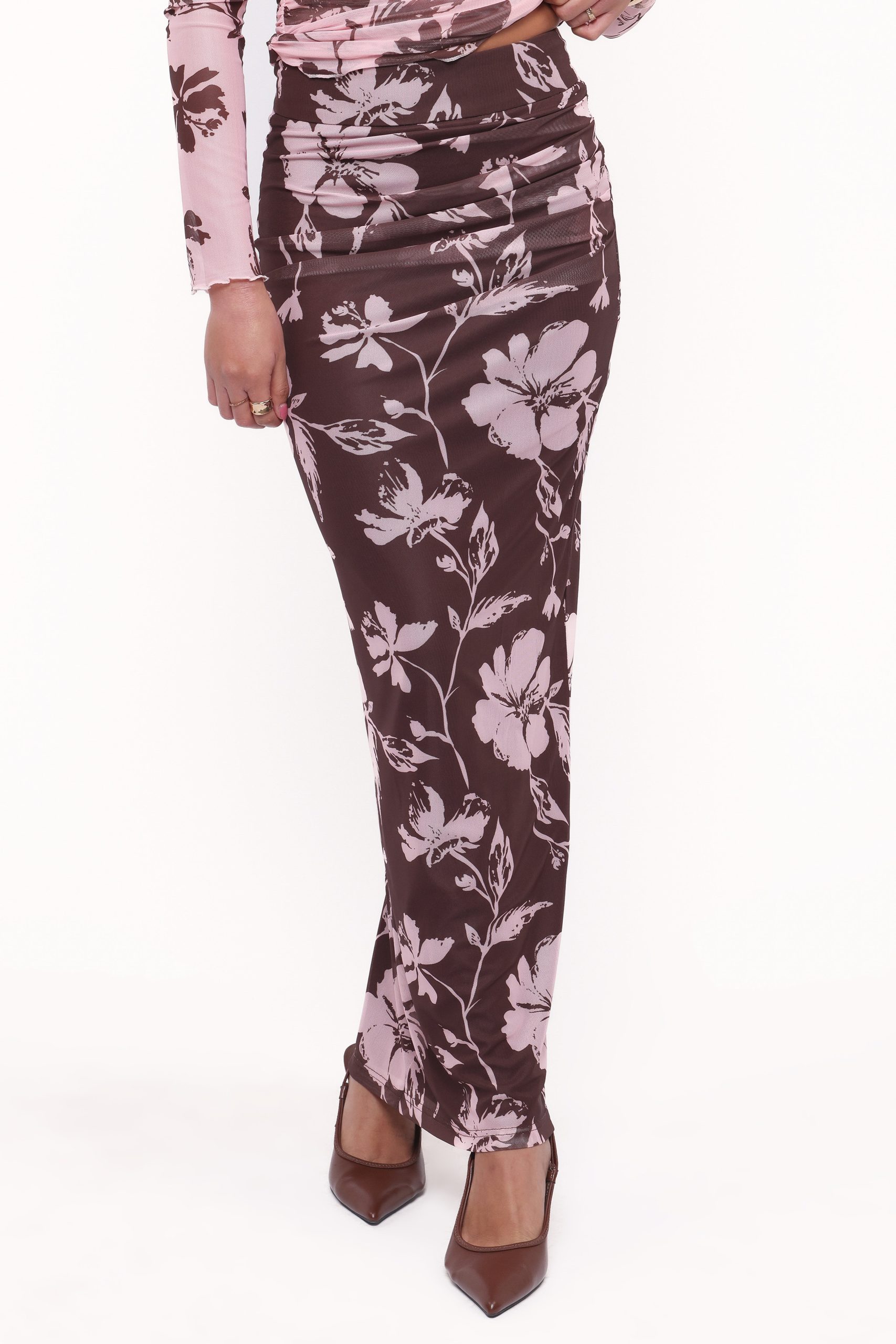 Navida Mesh Midi Skirt - Pink Brown Floral - Image 2
