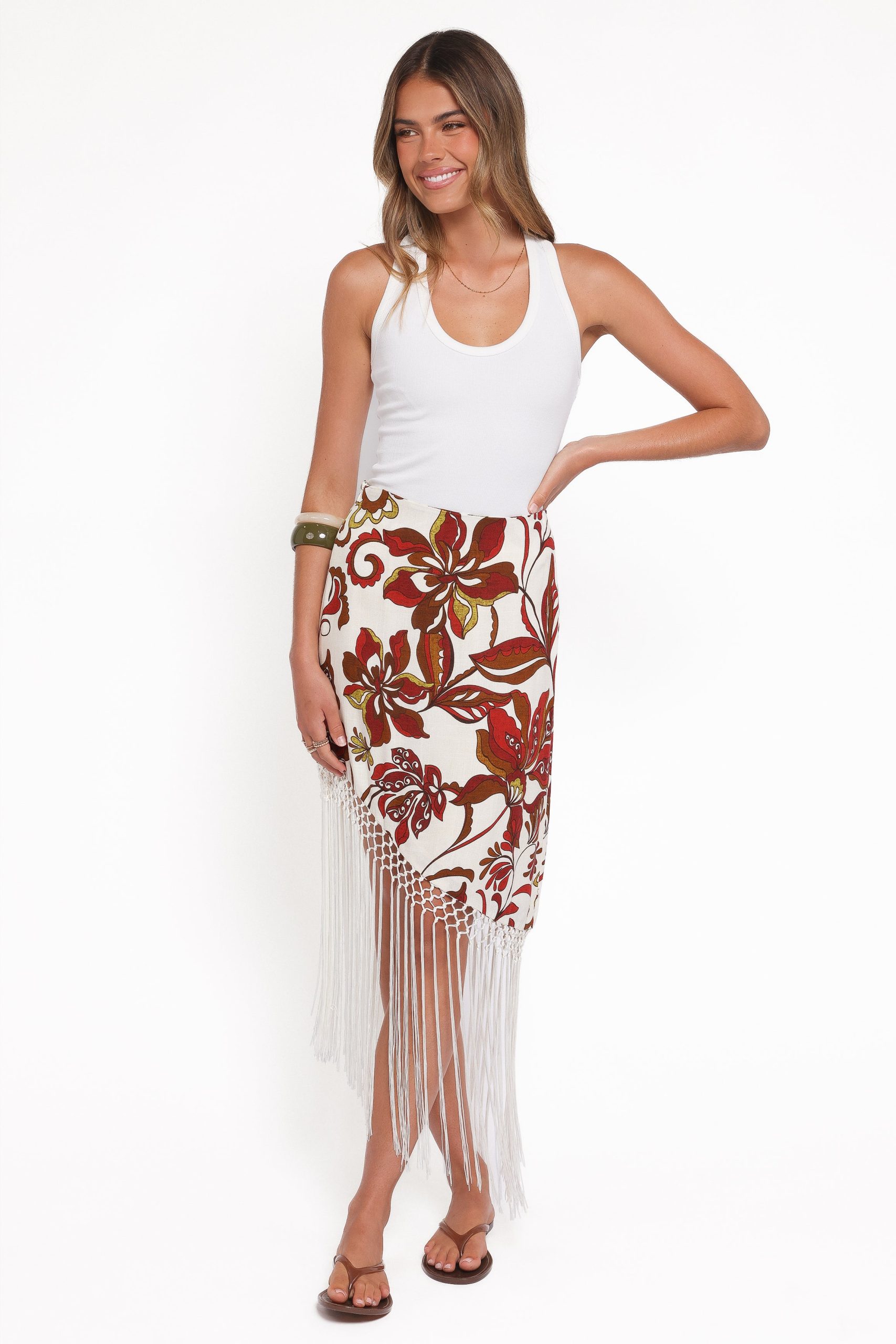 Shelby Midi Fringe Skirt - Brown Floral - Image 2