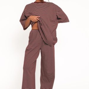 Wilda Knit Pant - Burgundy Cream Stripe