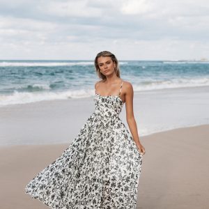 Achanti Pleated Maxi Dress - White Black Floral
