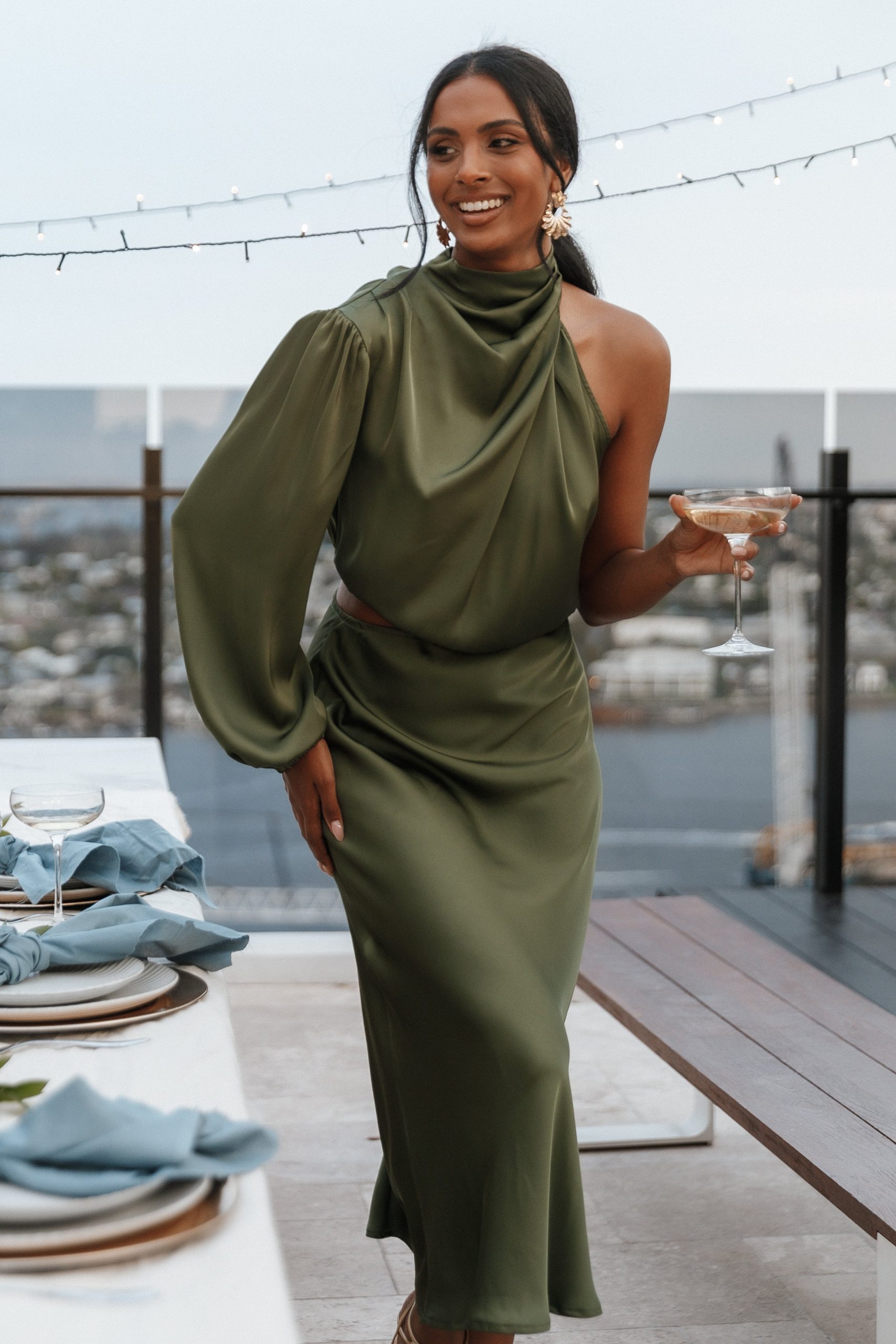 Amelie One Shoulder Midi Dress - Olive - Image 2