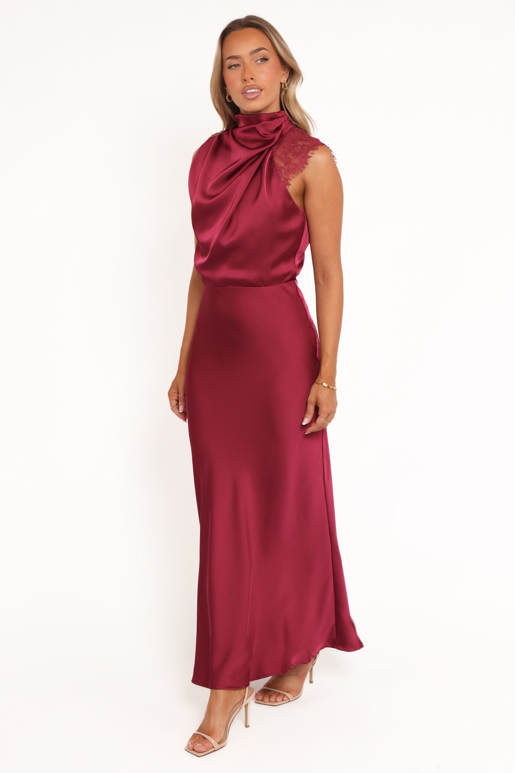 Anabelle Halter Neck Lace Maxi Dress - Berry - Image 4