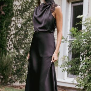 Anabelle Halter Neck Lace Maxi Dress - Black