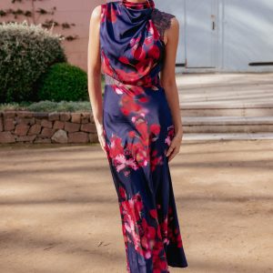 Anabelle Halter Neck Lace Maxi Dress - Navy Floral
