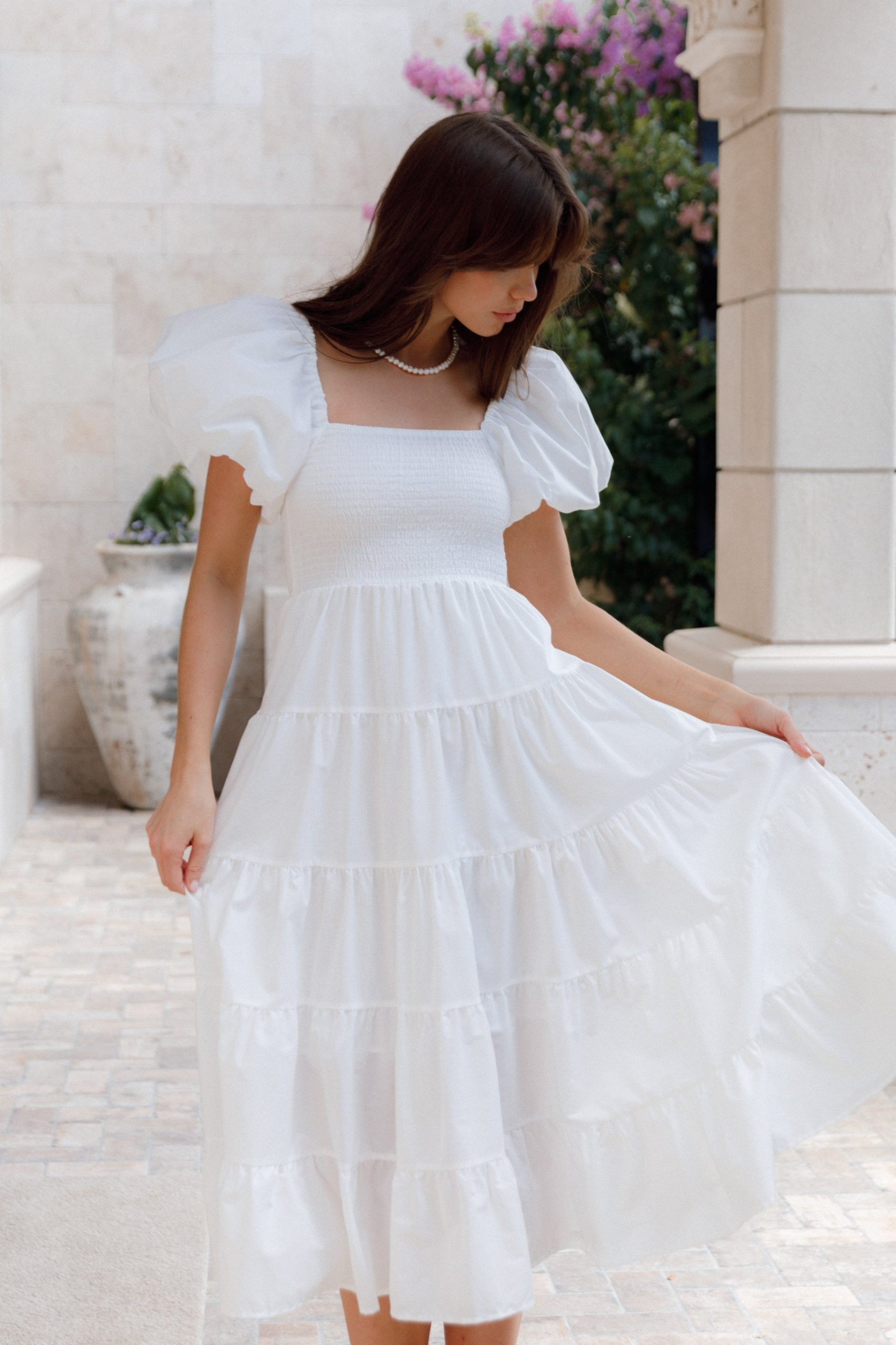 Annette Puff Sleeve Shirred Midi Dress - White - Image 9