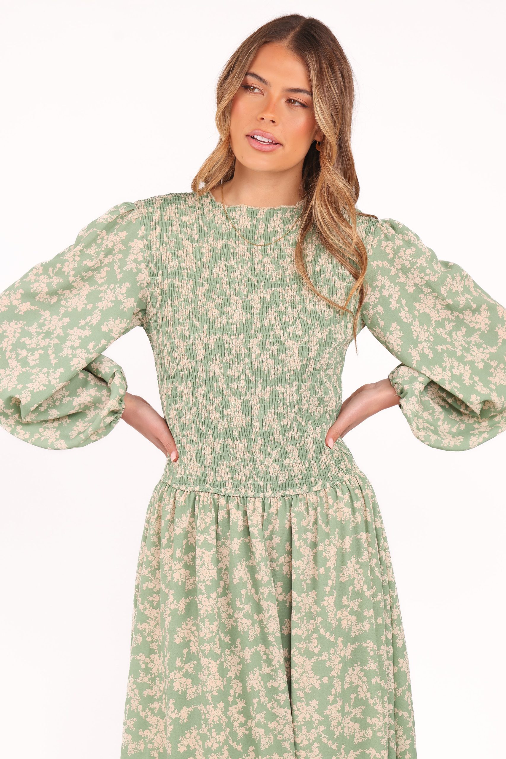 Ashara Long Sleeve Midi Dress - Green Floral - Image 3