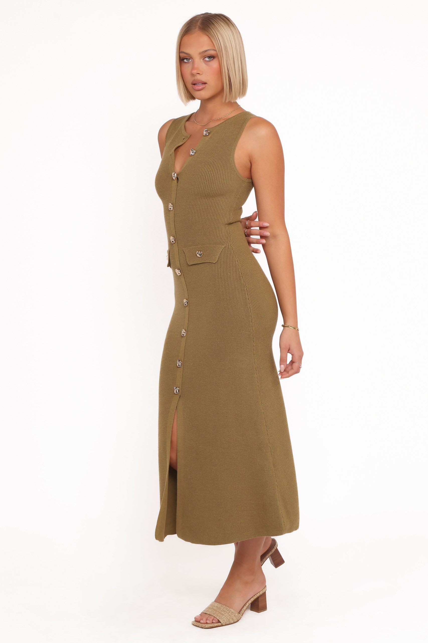 Aspen Button Up Knit Dress - Olive - Image 3