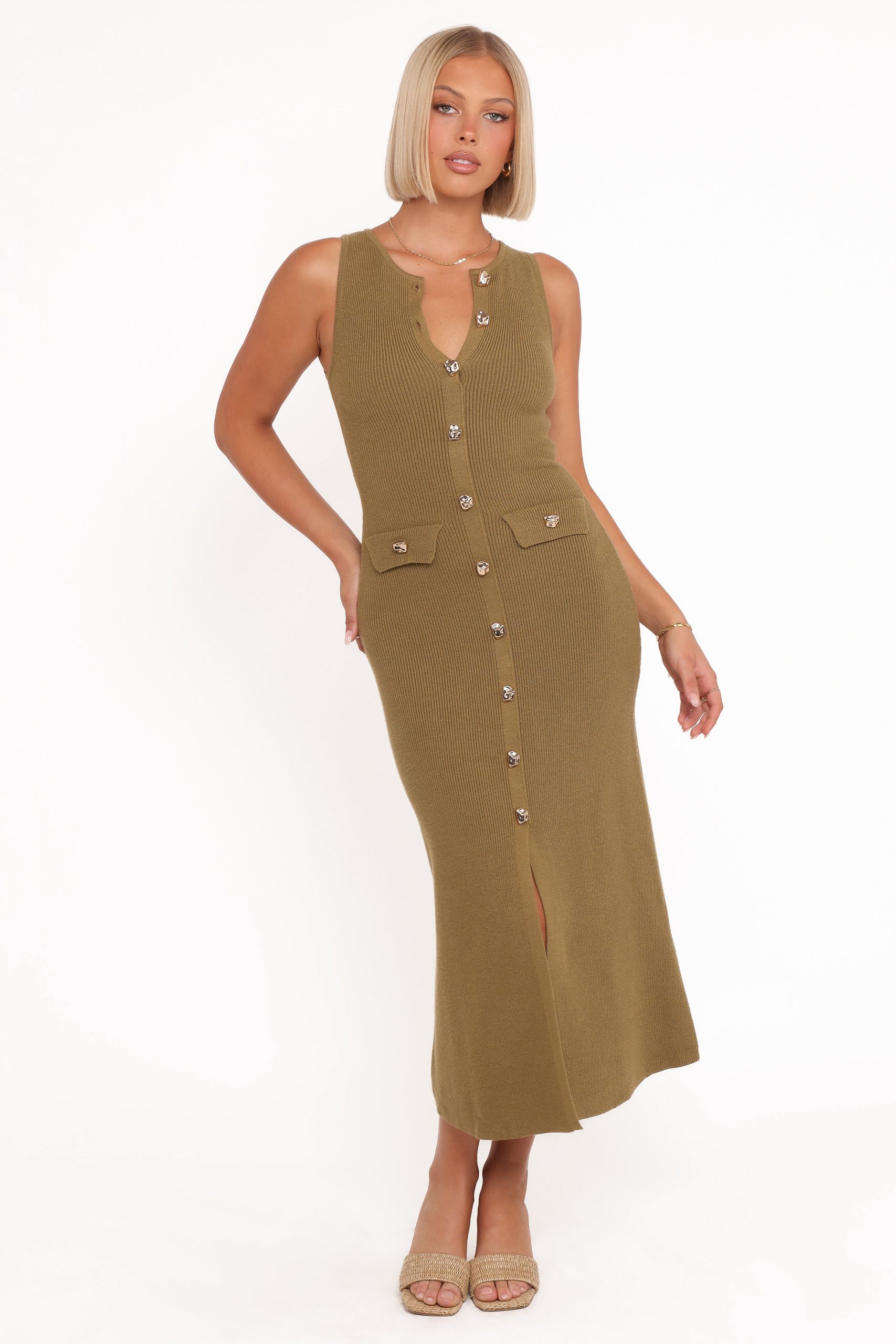 Aspen Button Up Knit Dress - Olive - Image 5