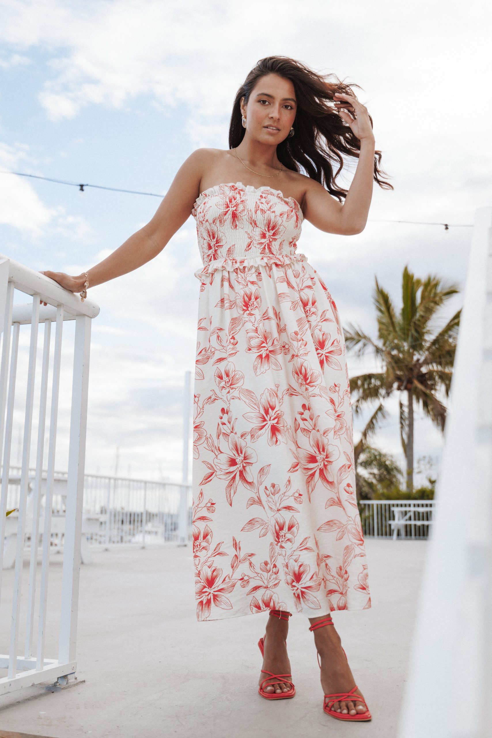 Avania Strapless Midi Dress - Red Floral - Image 7