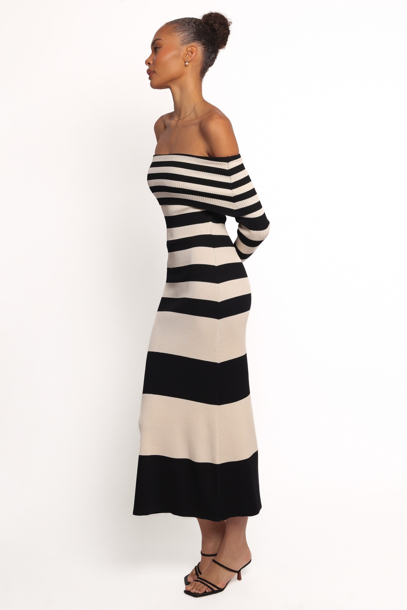 Banks Off Shoulder Knit Dress - Black Cream Stripe - Image 5