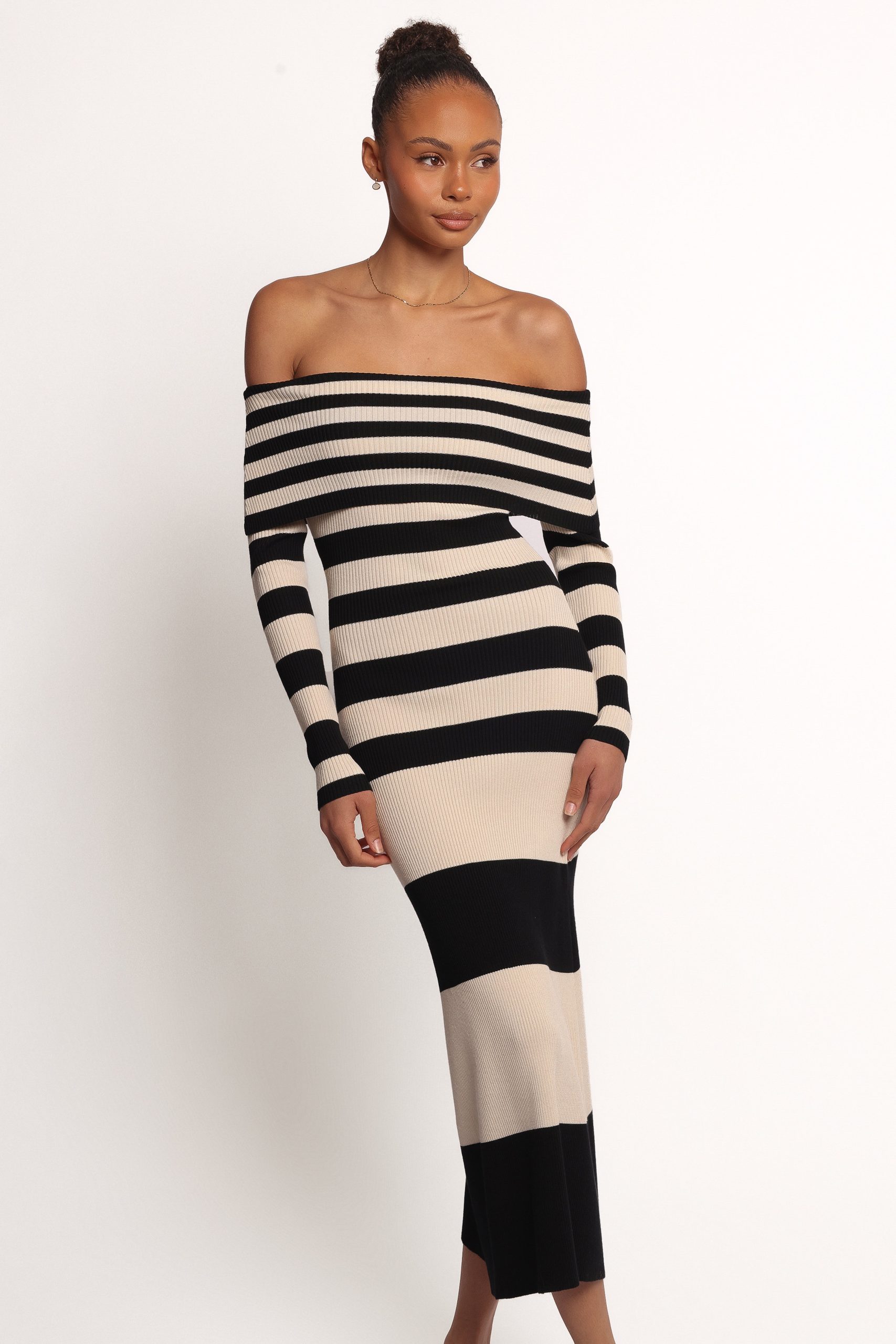 Banks Off Shoulder Knit Dress - Black Cream Stripe - Image 2