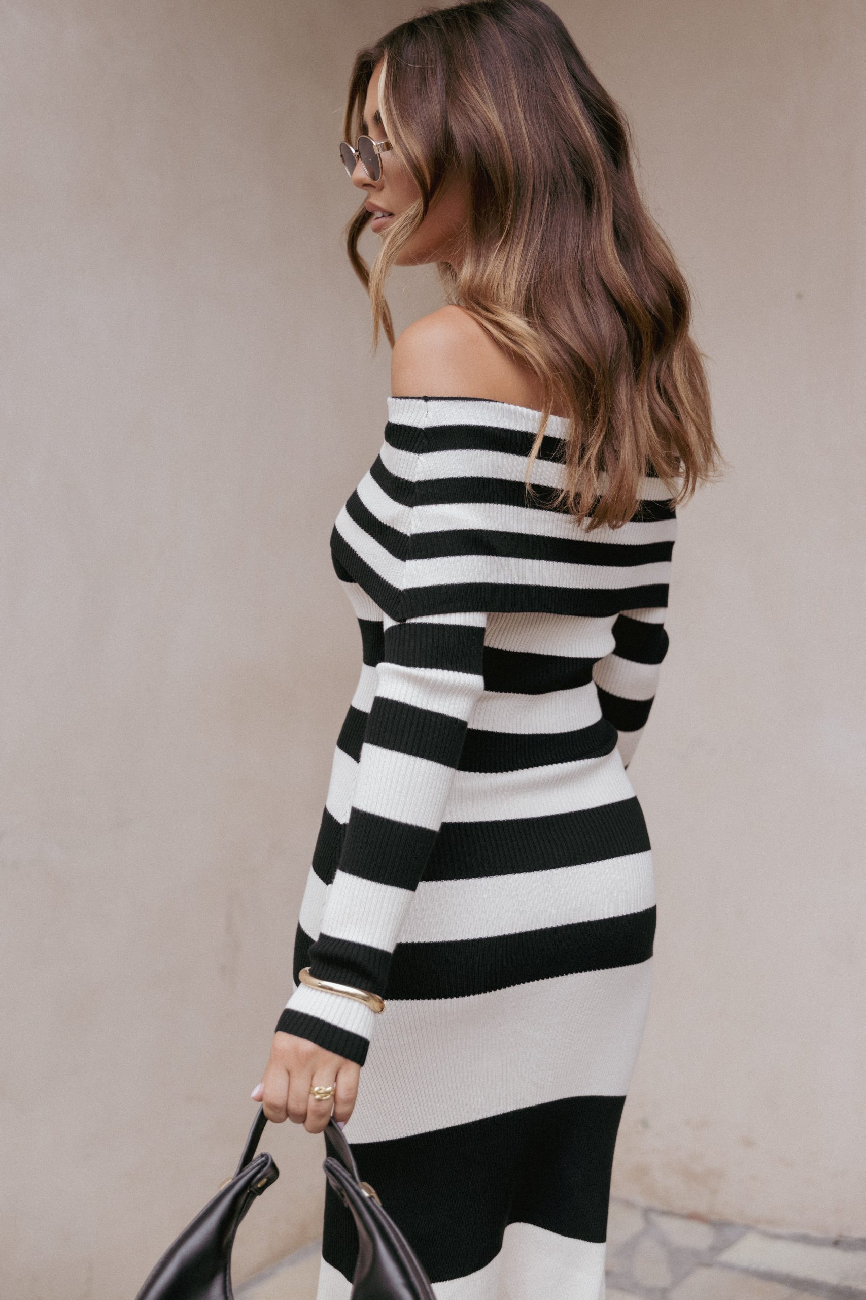 Banks Off Shoulder Knit Dress - Black Cream Stripe - Image 7