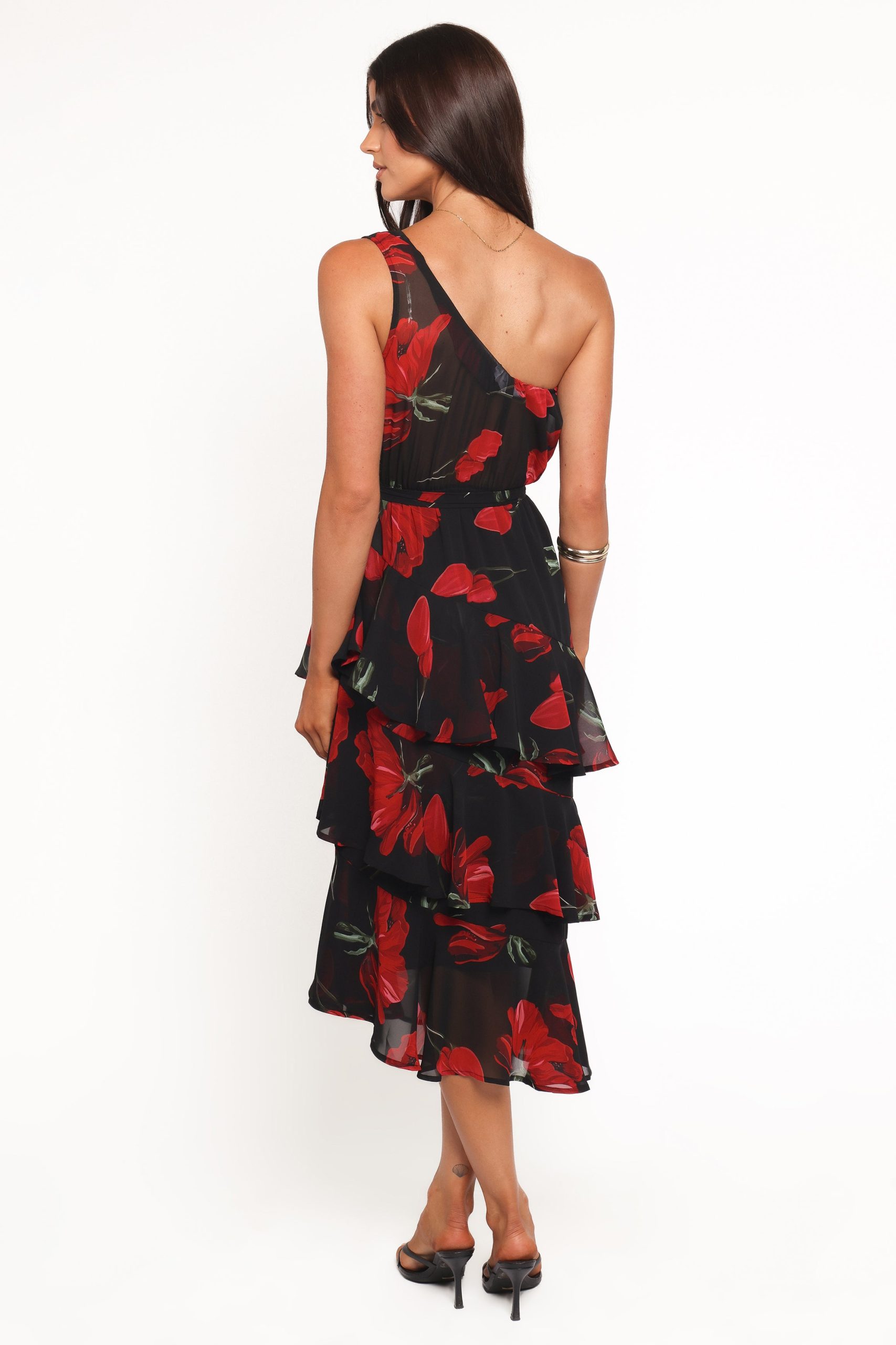 Brigette One Shoulder Tiered Midi Dress - Red Floral - Image 4