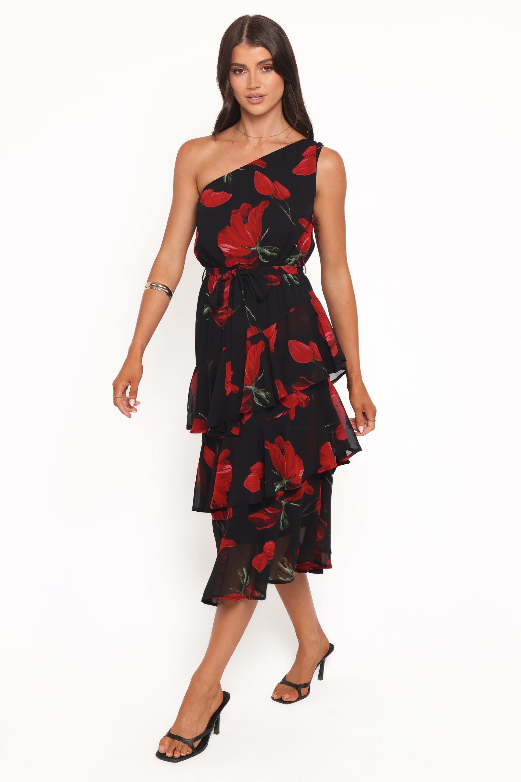 Brigette One Shoulder Tiered Midi Dress - Red Floral - Image 3
