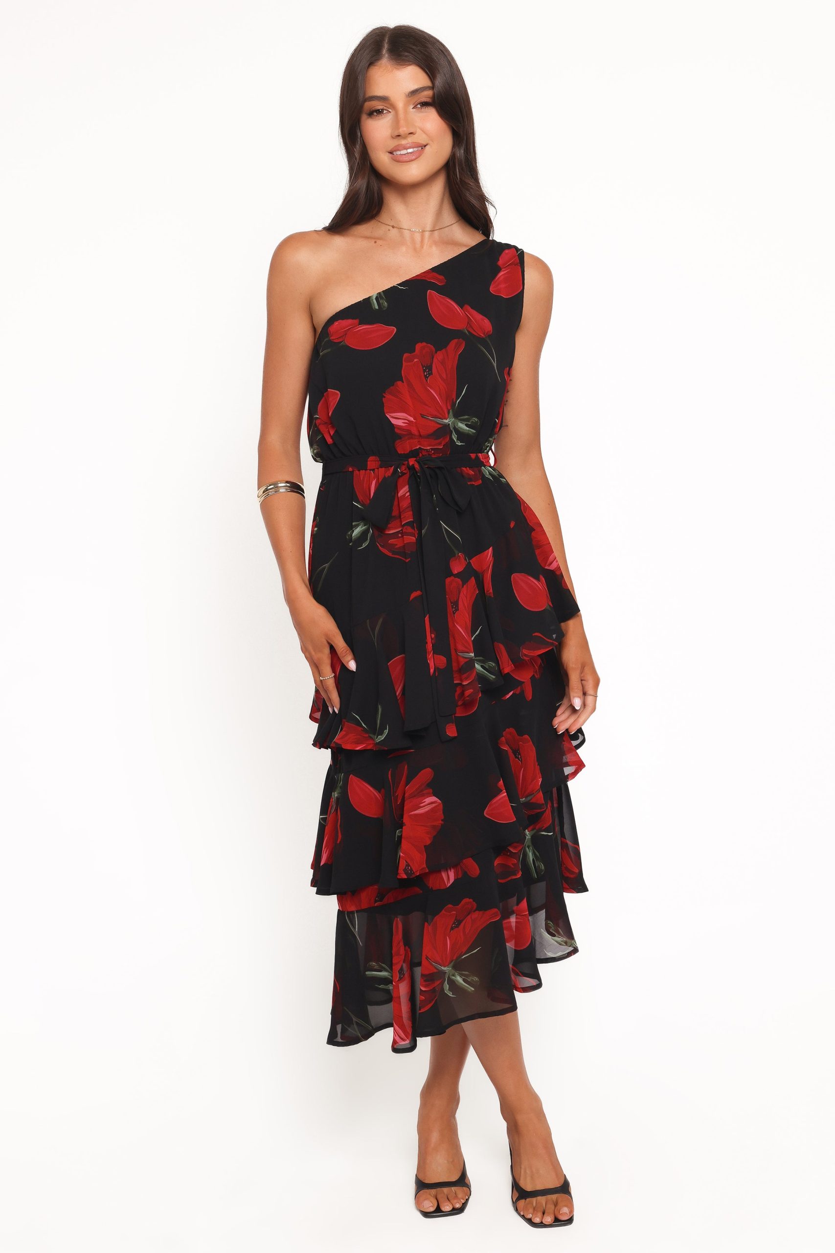 Brigette One Shoulder Tiered Midi Dress - Red Floral - Image 5