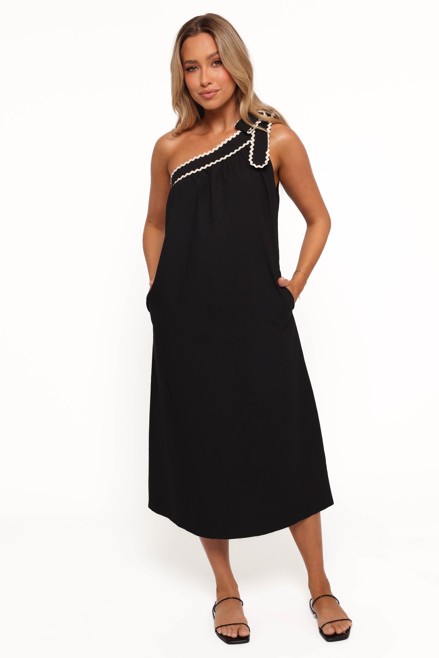 Brynlee One Shoulder Midi Dress - Black/Cream - Image 2