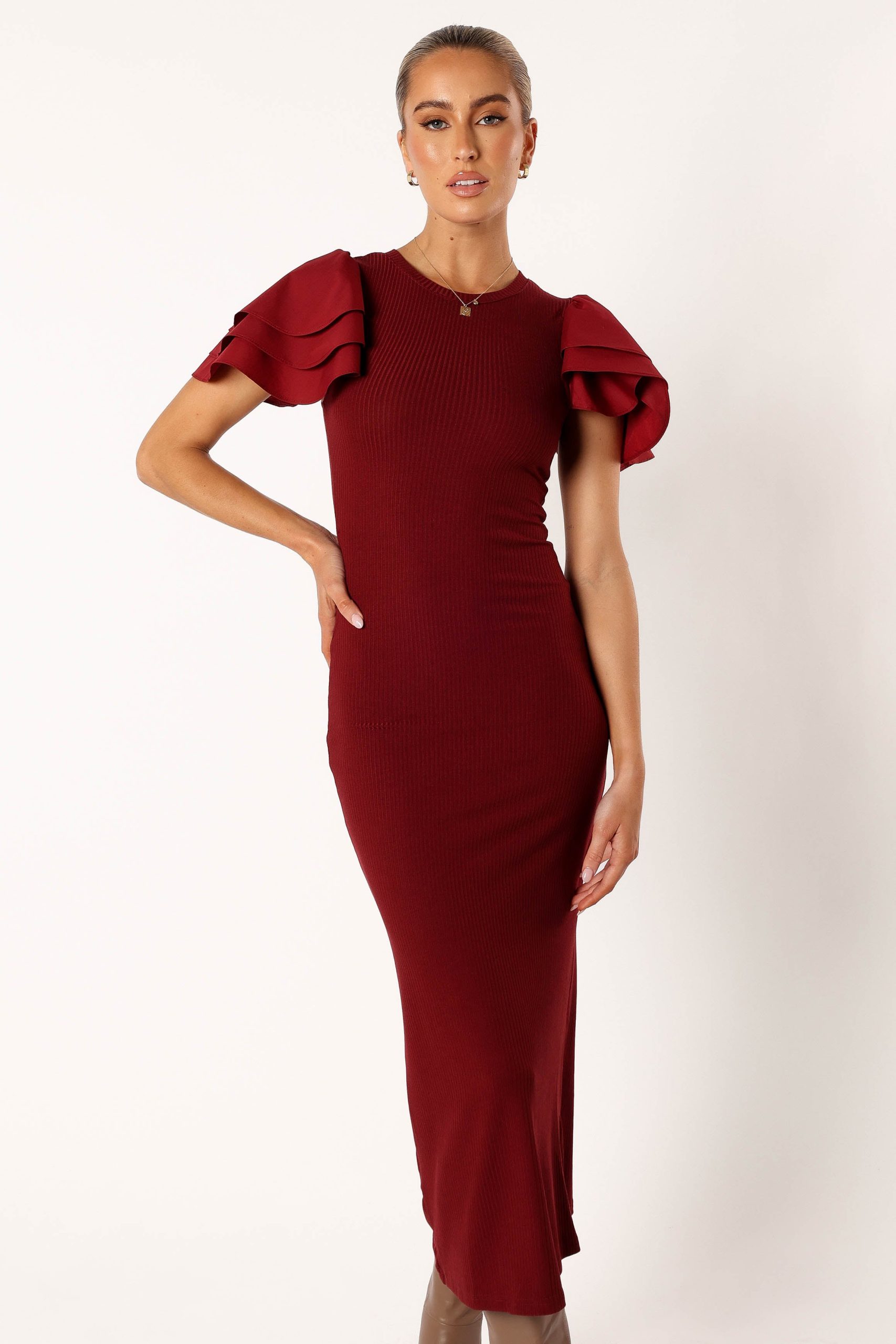 Cally Ruffle Sleeve Midi Dress - Wine - Image 3