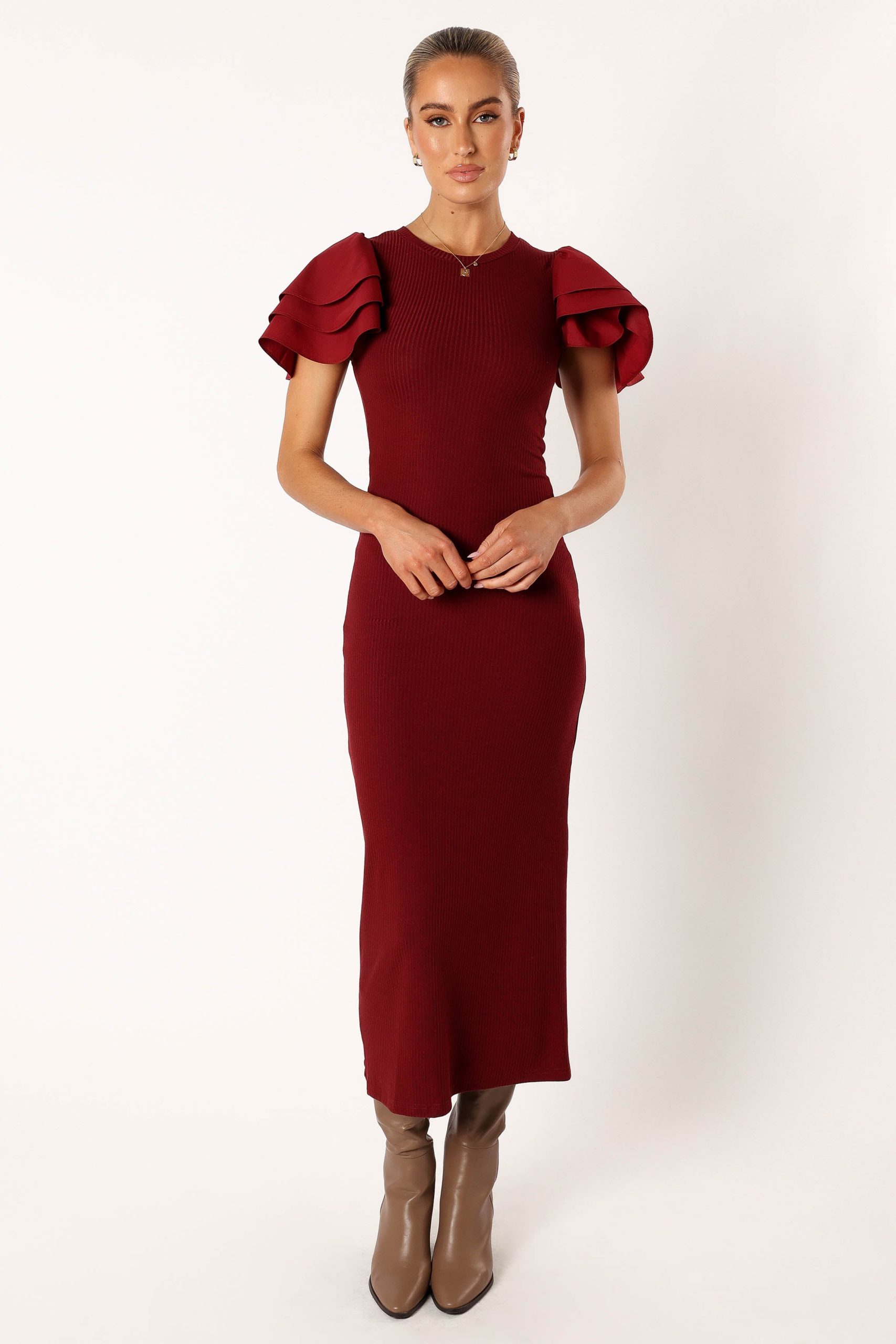 Cally Ruffle Sleeve Midi Dress - Wine - Image 4