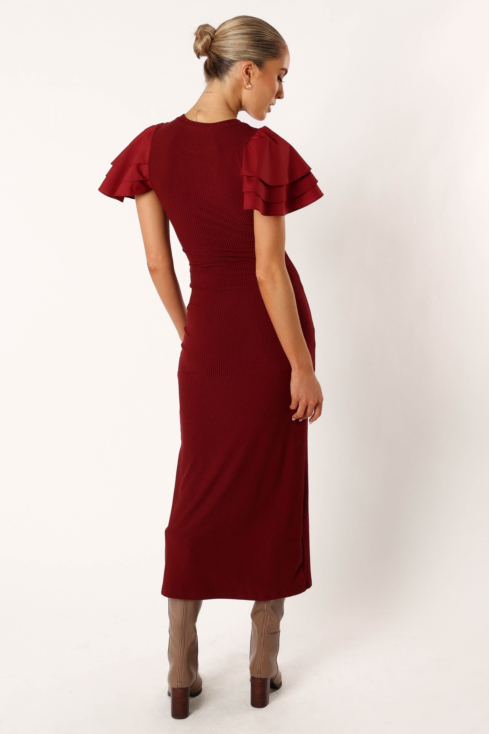 Cally Ruffle Sleeve Midi Dress - Wine - Image 5