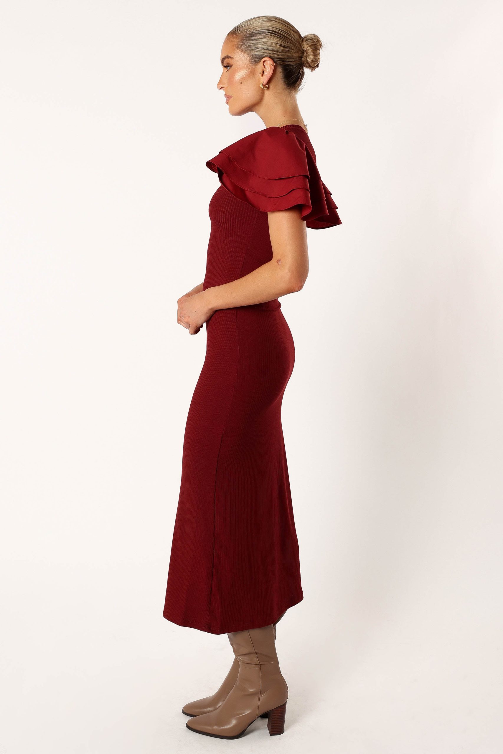 Cally Ruffle Sleeve Midi Dress - Wine - Image 6