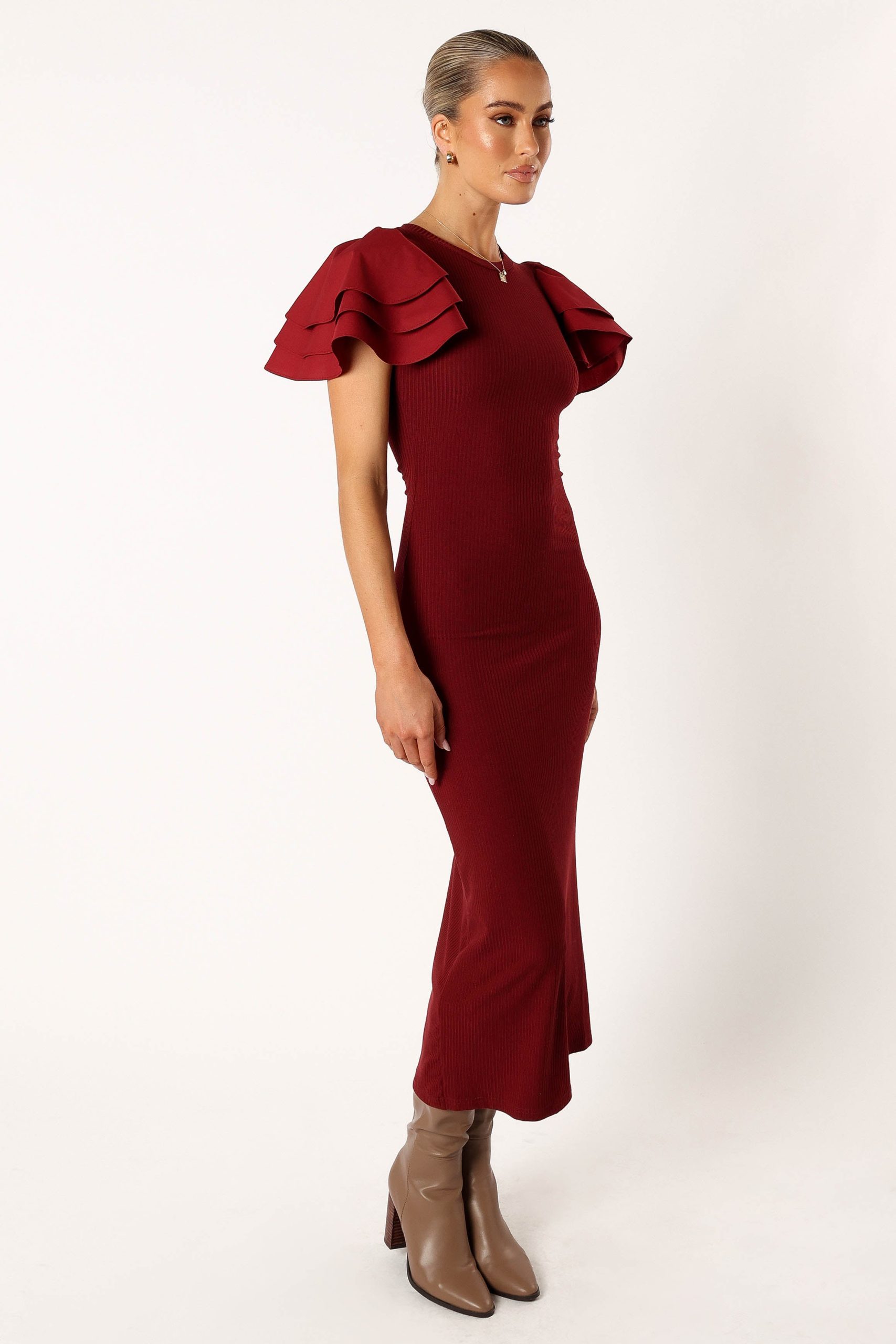 Cally Ruffle Sleeve Midi Dress - Wine - Image 7
