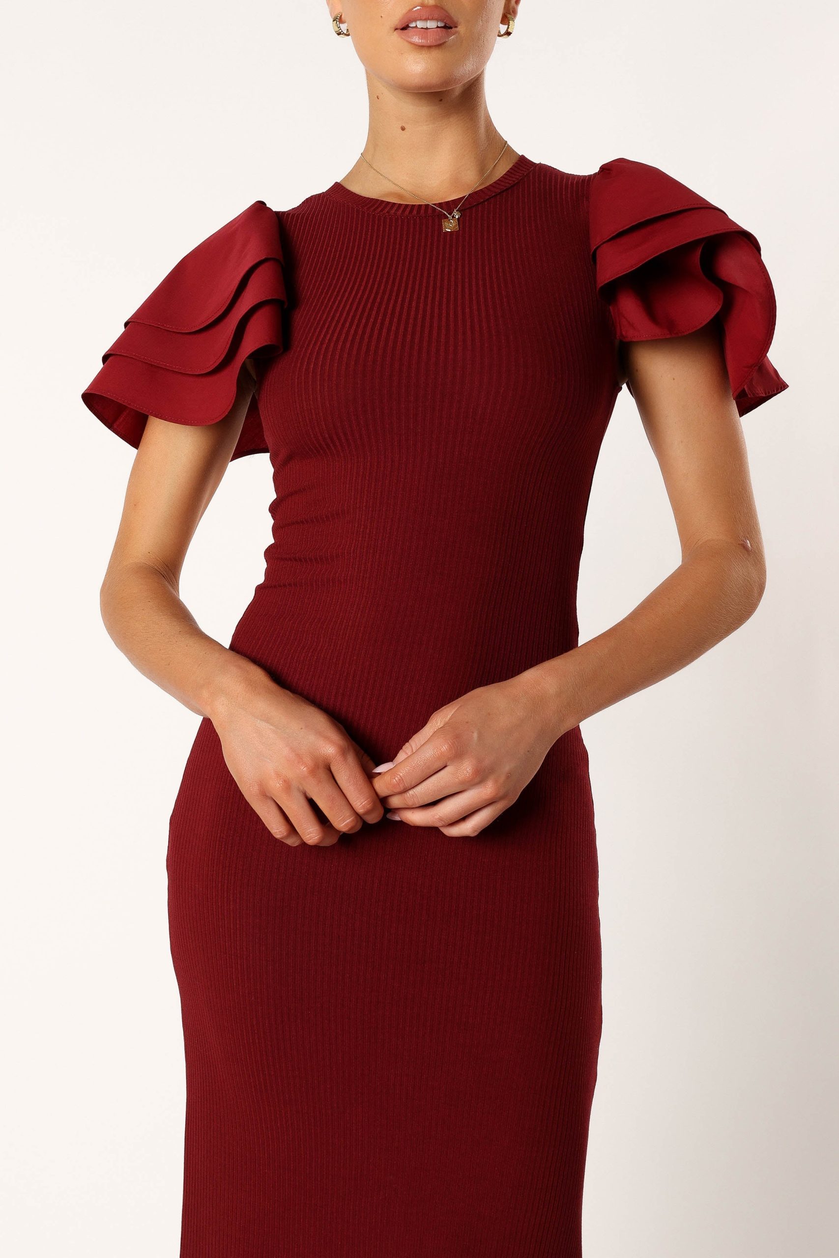Cally Ruffle Sleeve Midi Dress - Wine - Image 8