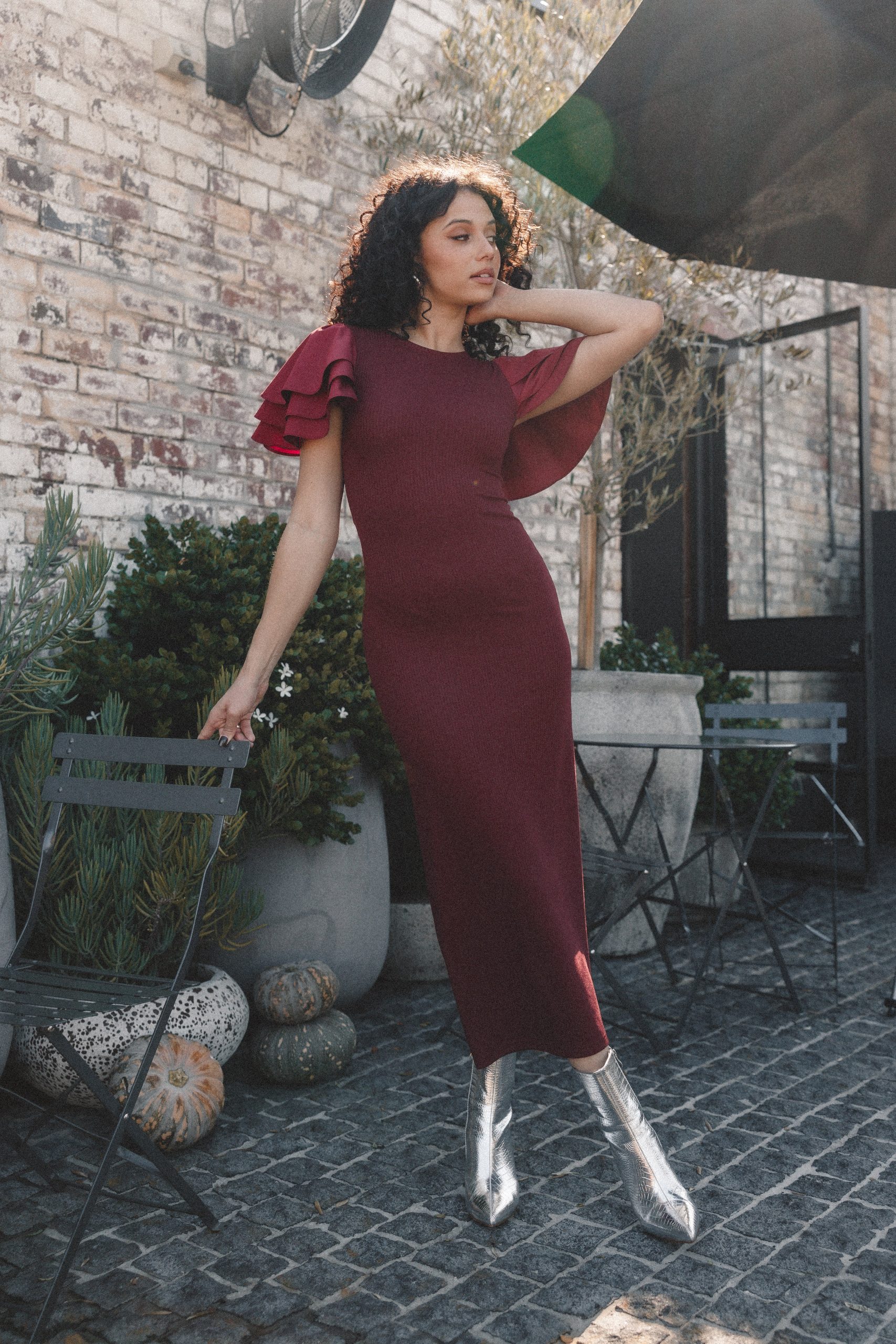 Cally Ruffle Sleeve Midi Dress - Wine - Image 2