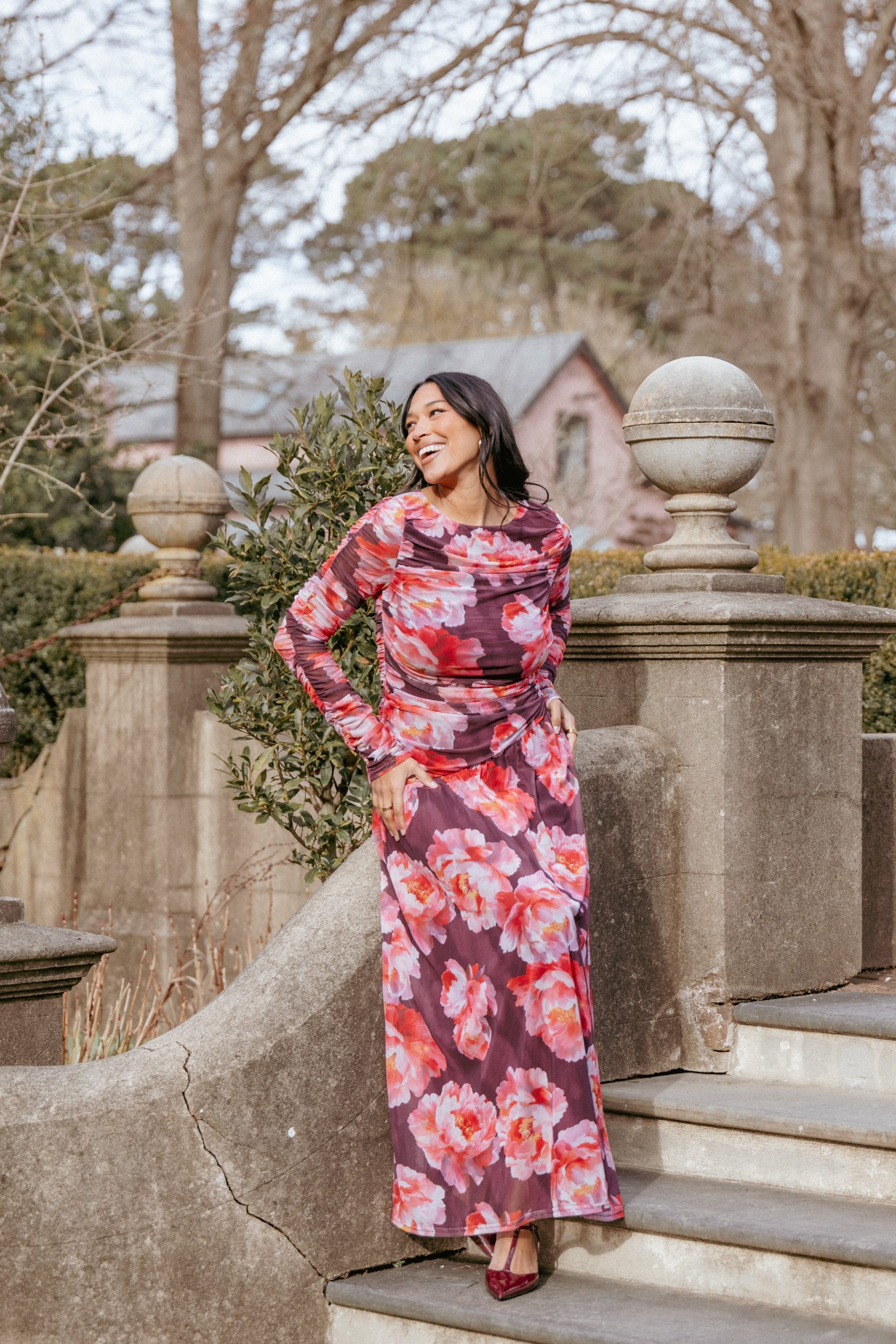 Calypso Long Sleeve Maxi Dress - Burgundy Peony - Image 8