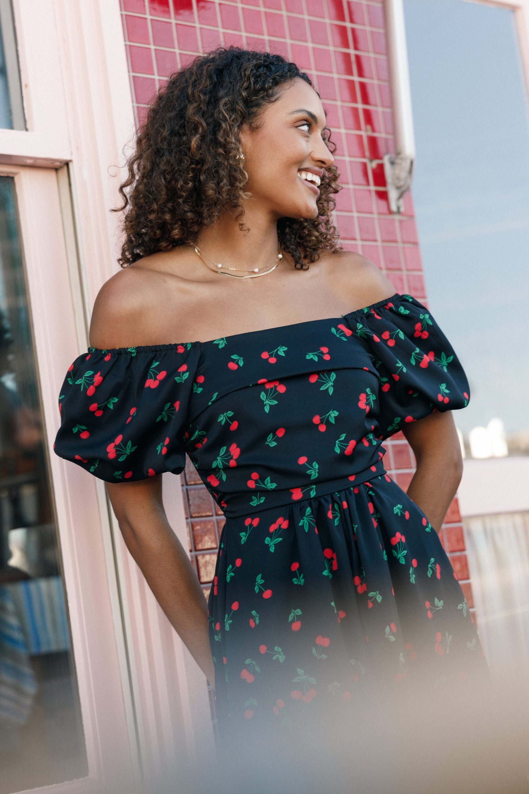 Chlo Puff Sleeve Midi Dress - Cherry Print - Image 2