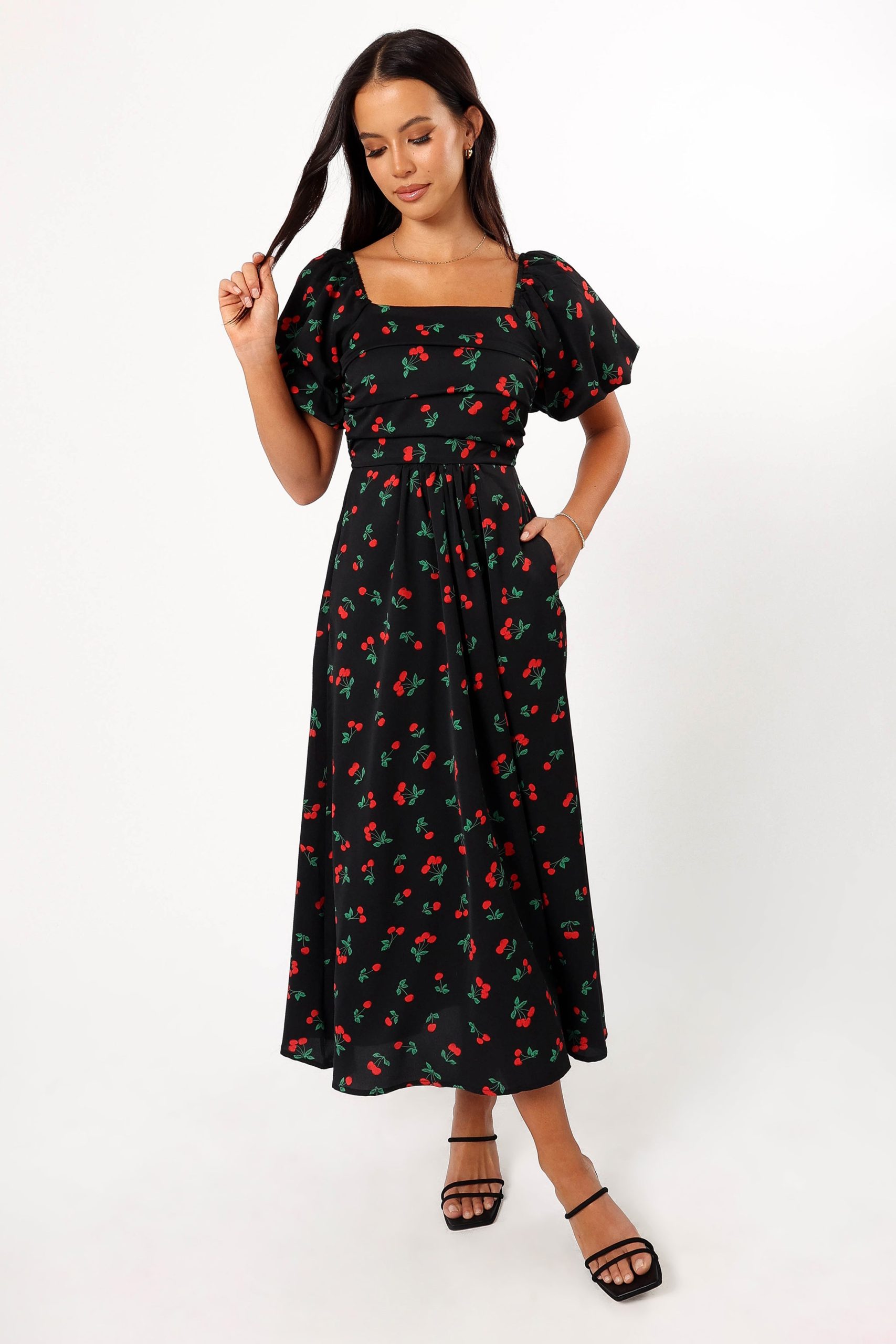 Chlo Puff Sleeve Midi Dress - Cherry Print - Image 3